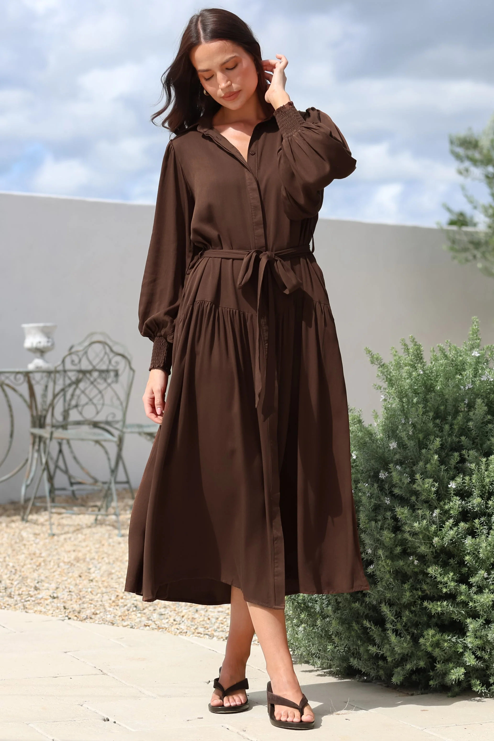 Skandi Midi Dress - Button Down Billow Sleeve Shirt Dress with Waist Tie in Chocolate - Image 5