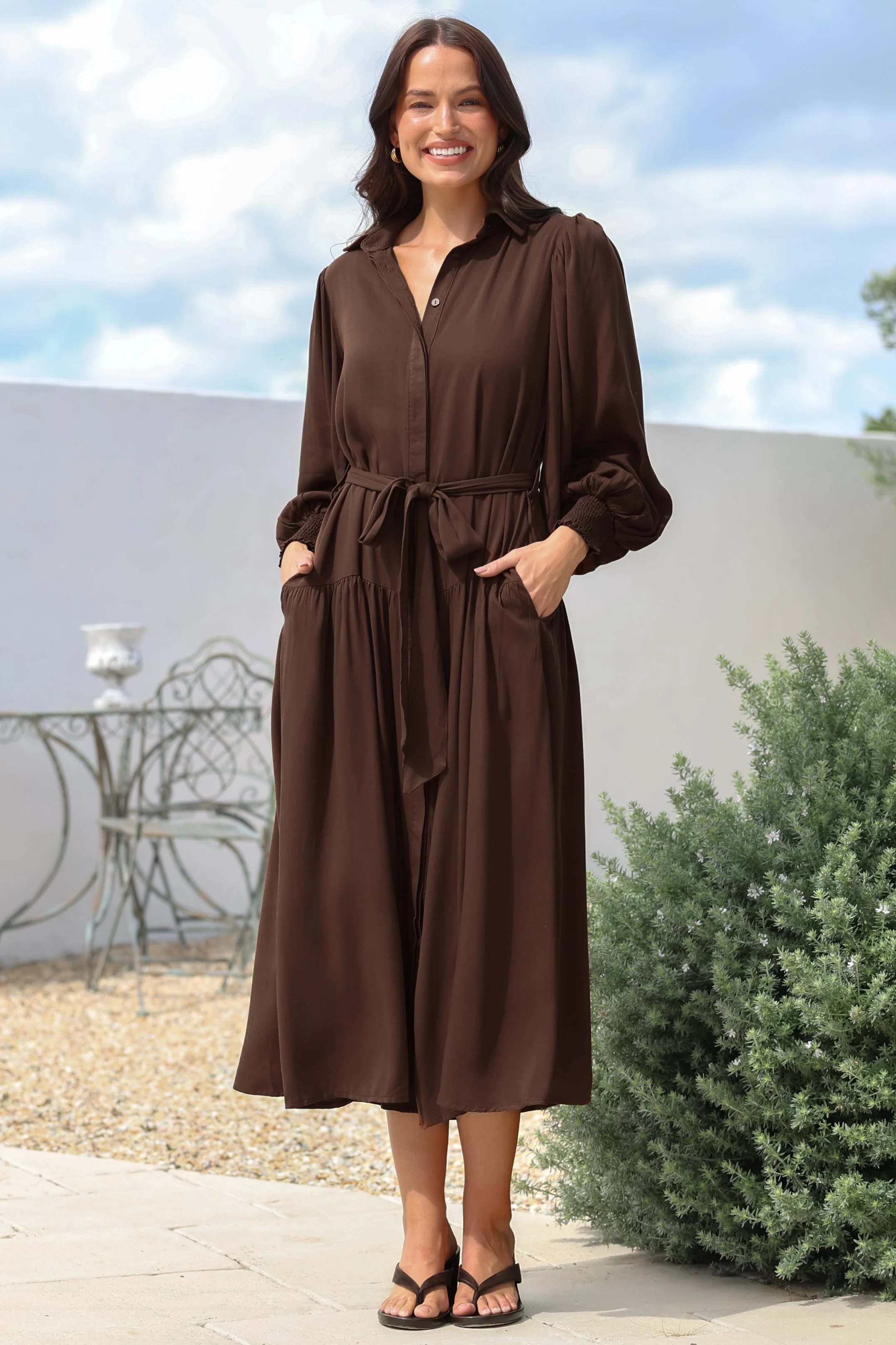 Skandi Midi Dress - Button Down Billow Sleeve Shirt Dress with Waist Tie in Chocolate - Image 6