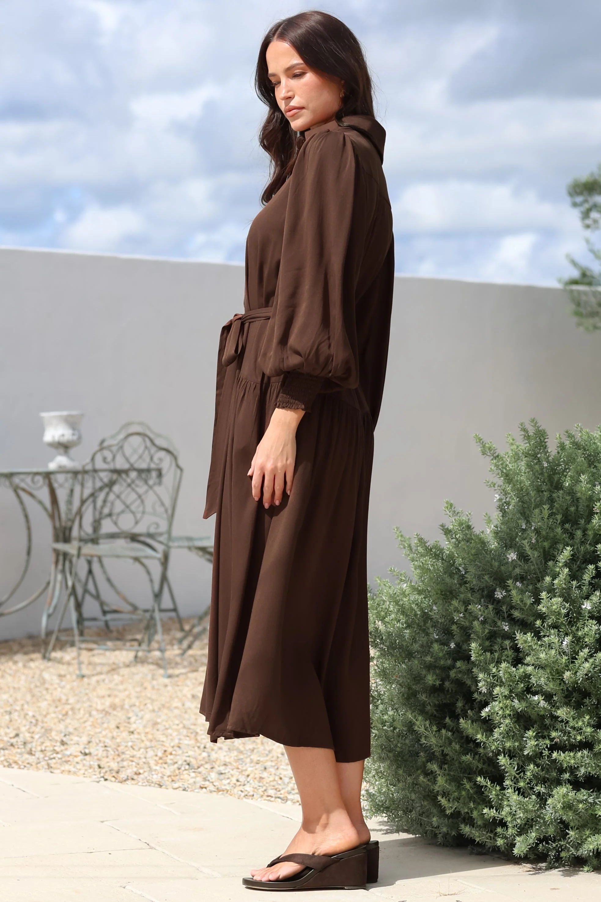 Skandi Midi Dress - Button Down Billow Sleeve Shirt Dress with Waist Tie in Chocolate - Image 7
