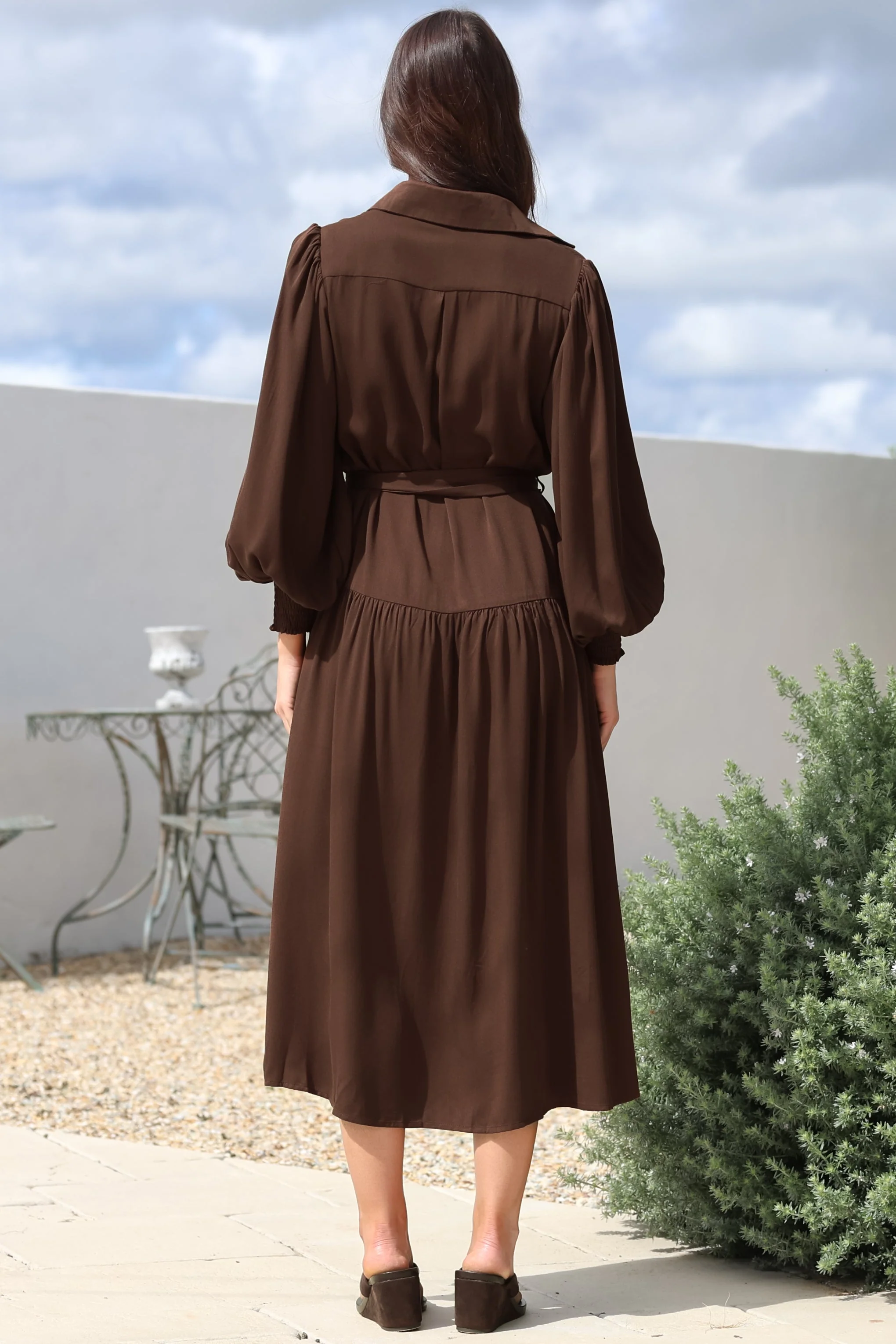 Skandi Midi Dress - Button Down Billow Sleeve Shirt Dress with Waist Tie in Chocolate - Image 8