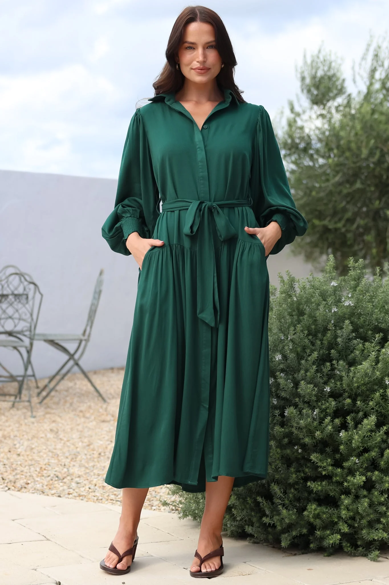 Skandi Midi Dress - Button Down Billow Sleeve Shirt Dress with Waist Tie in Emerald - Image 2