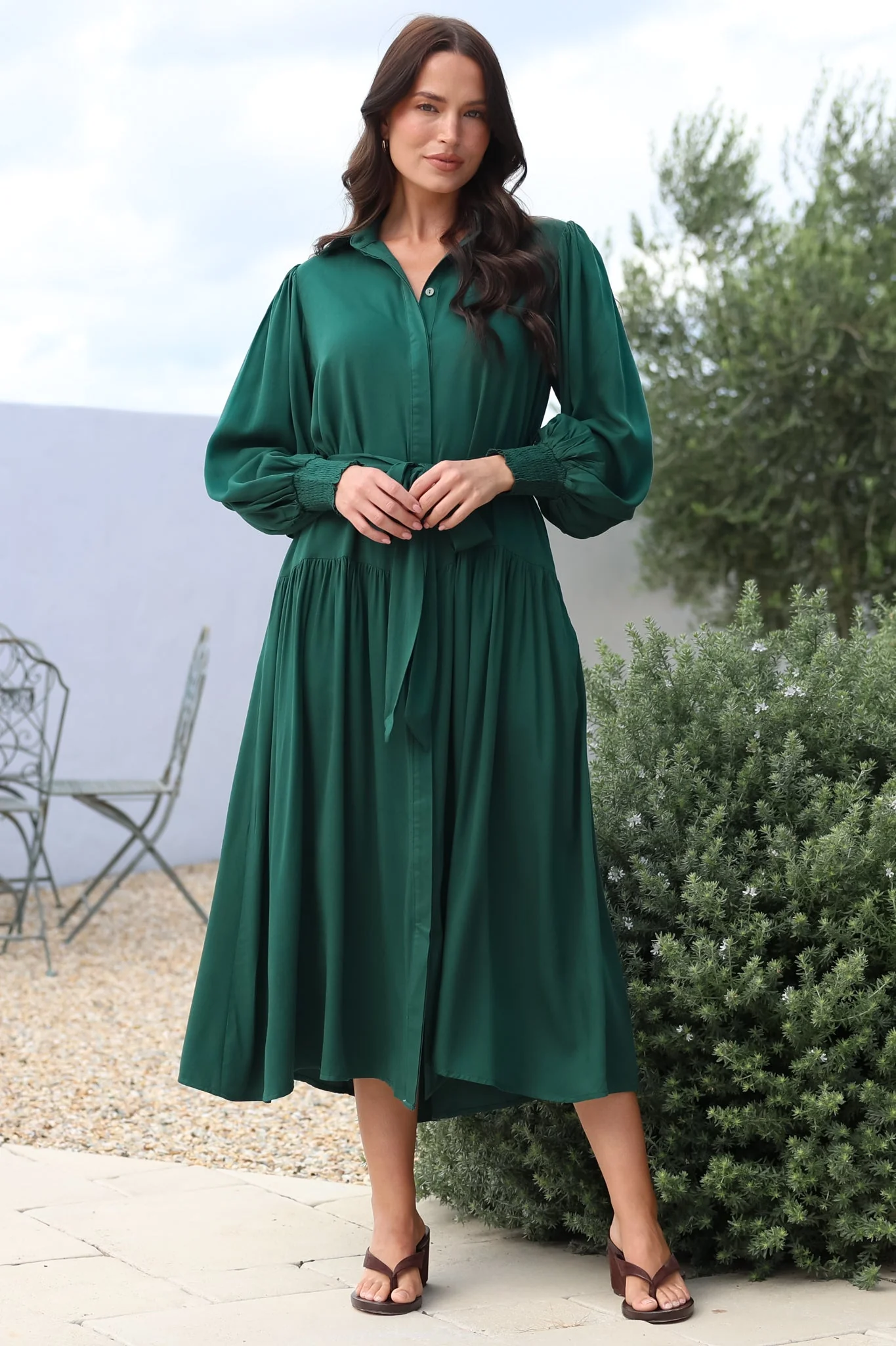 Skandi Midi Dress - Button Down Billow Sleeve Shirt Dress with Waist Tie in Emerald - Image 7