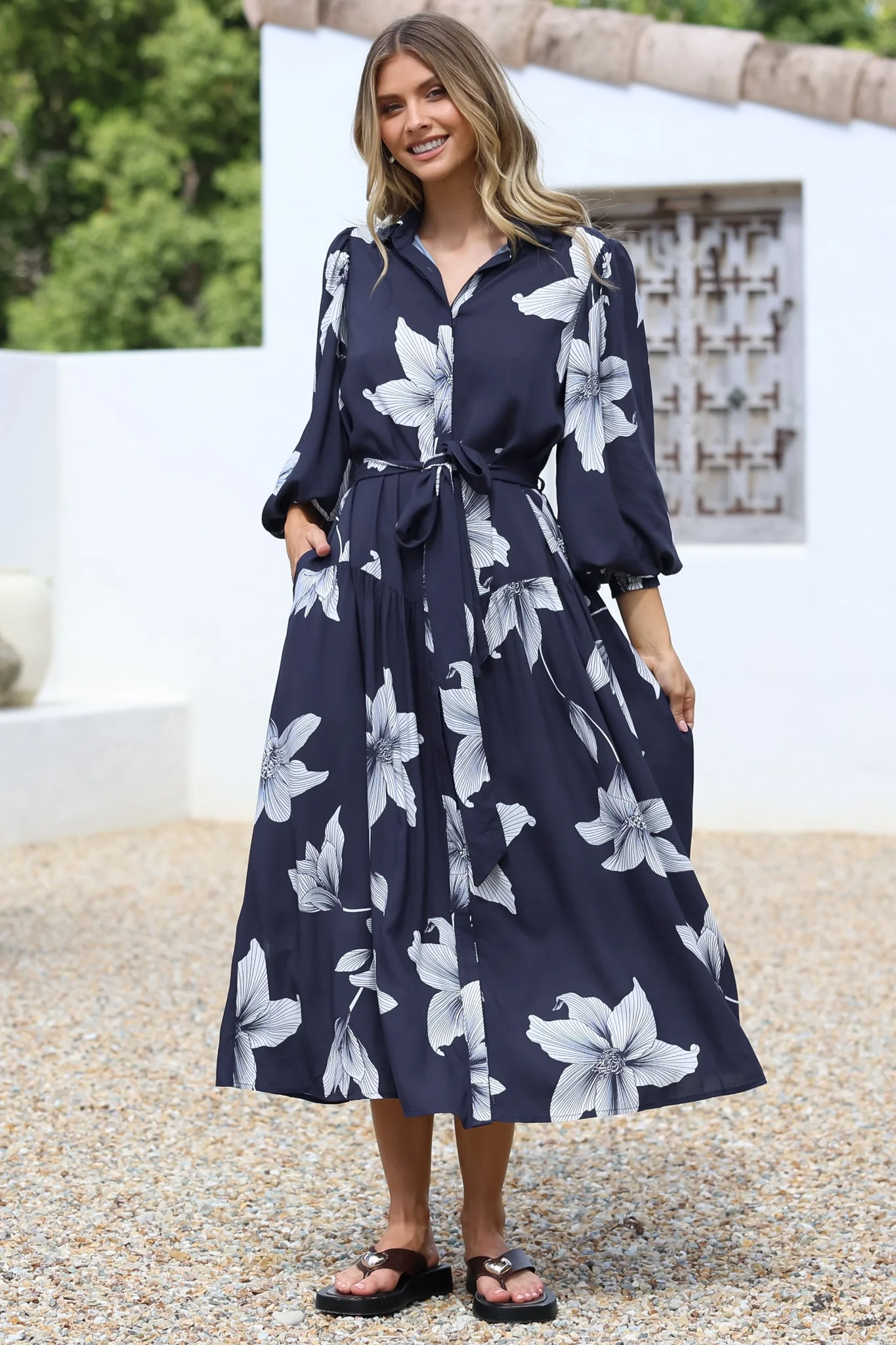 Skandi Midi Dress - Button Down Billow Sleeve Shirt Dress with Waist Tie in Midnight Lily Print - Image 2