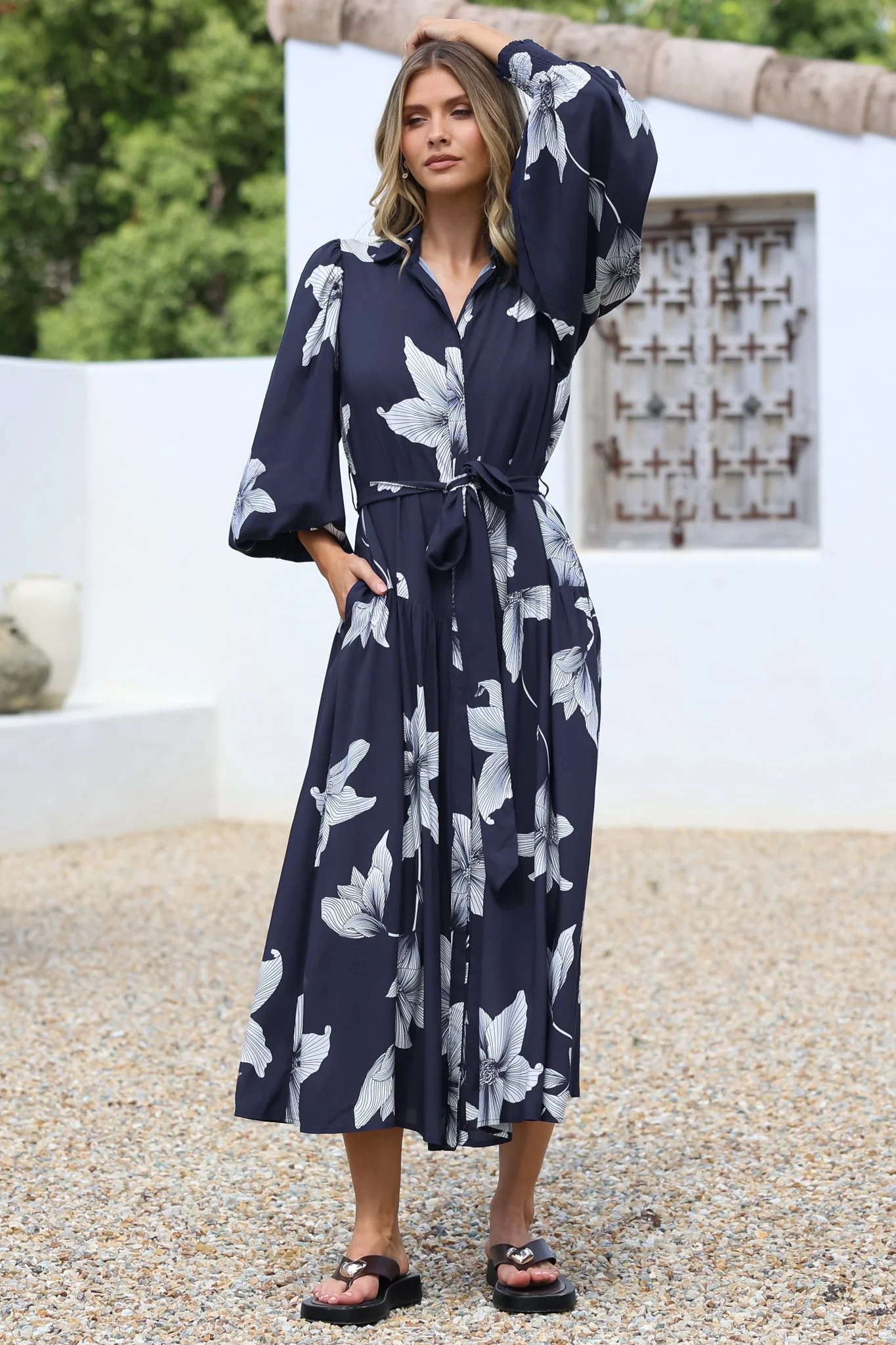 Skandi Midi Dress - Button Down Billow Sleeve Shirt Dress with Waist Tie in Midnight Lily Print - Image 3
