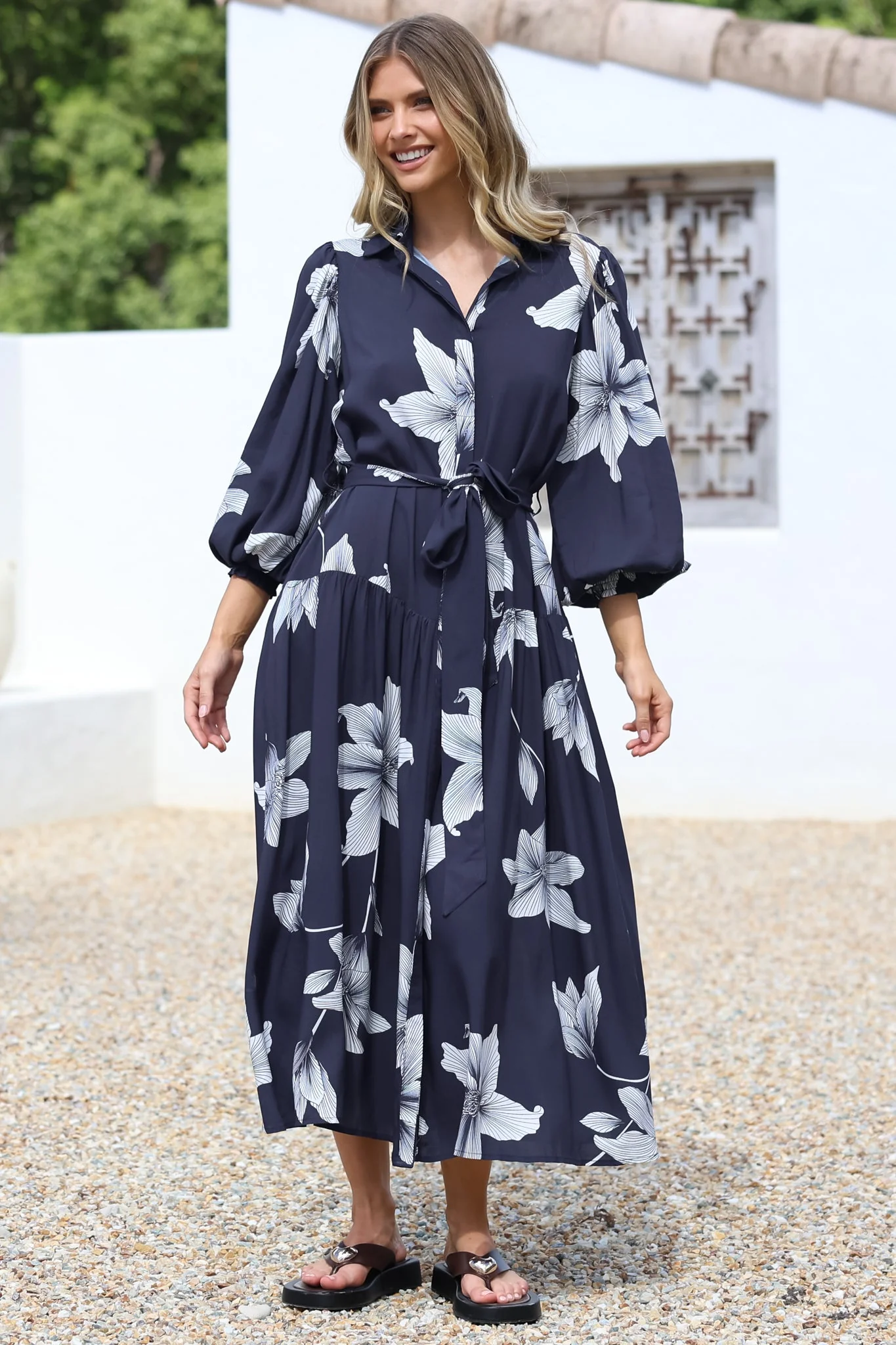 Skandi Midi Dress - Button Down Billow Sleeve Shirt Dress with Waist Tie in Midnight Lily Print - Image 6
