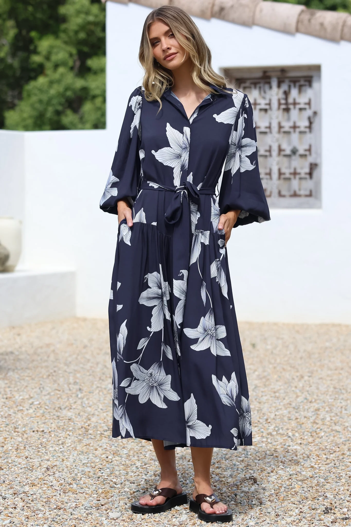 Skandi Midi Dress - Button Down Billow Sleeve Shirt Dress with Waist Tie in Midnight Lily Print - Image 7