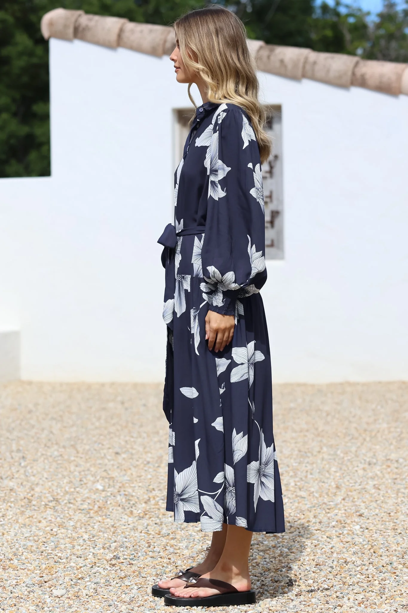 Skandi Midi Dress - Button Down Billow Sleeve Shirt Dress with Waist Tie in Midnight Lily Print - Image 8