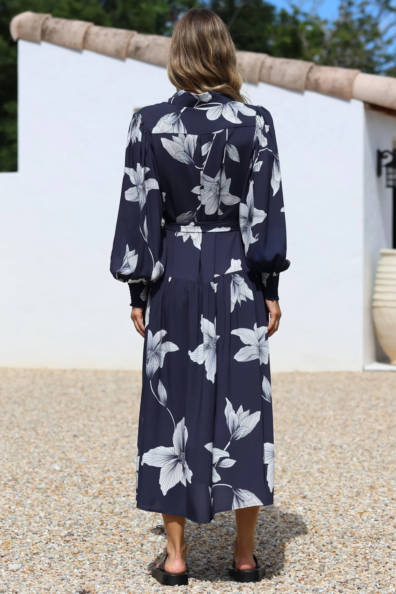 Skandi Midi Dress - Button Down Billow Sleeve Shirt Dress with Waist Tie in Midnight Lily Print - Image 9