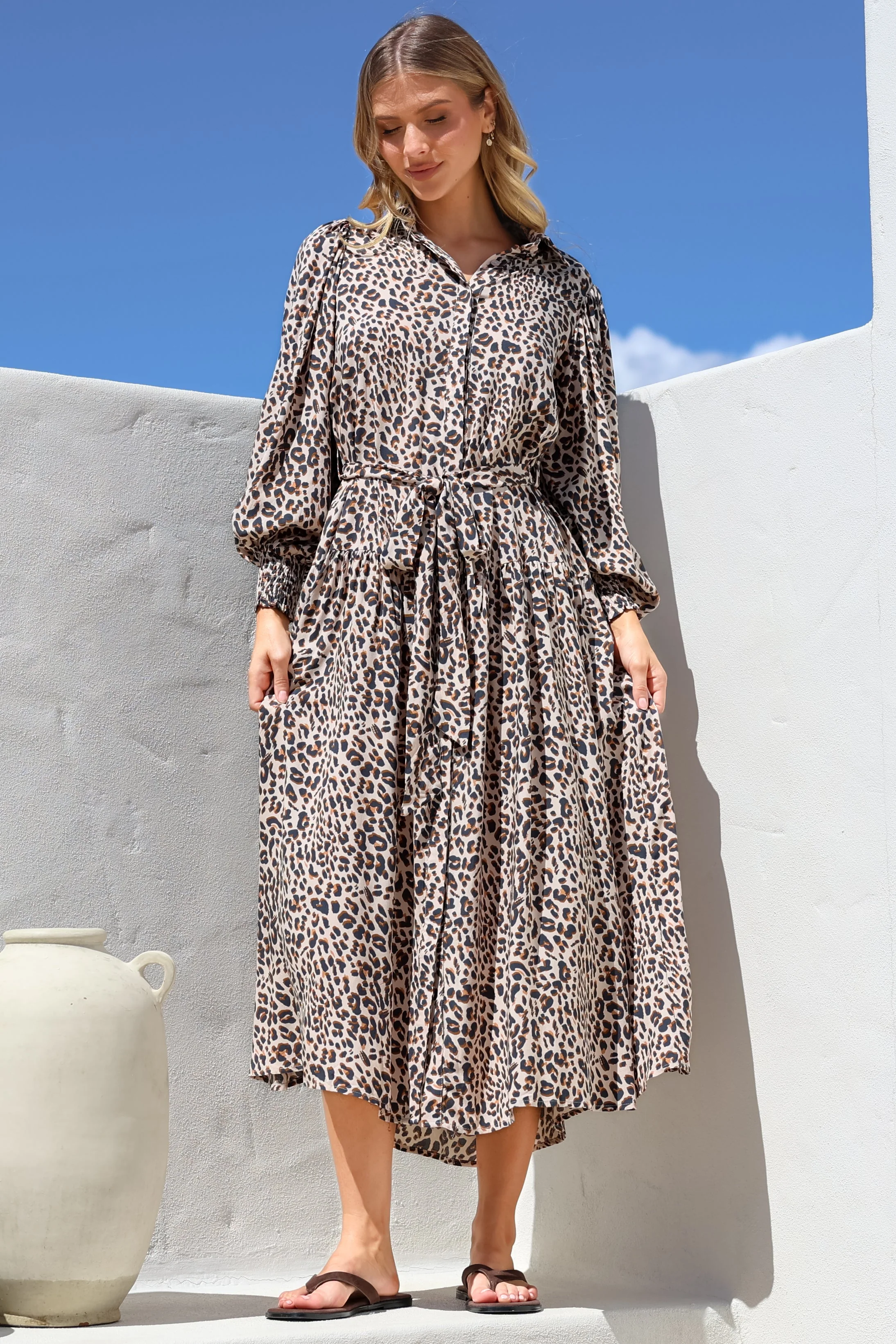Skandi Midi Dress - Button Down Billow Sleeve Shirt Dress with Waist Tie in Perrie Print - Image 2