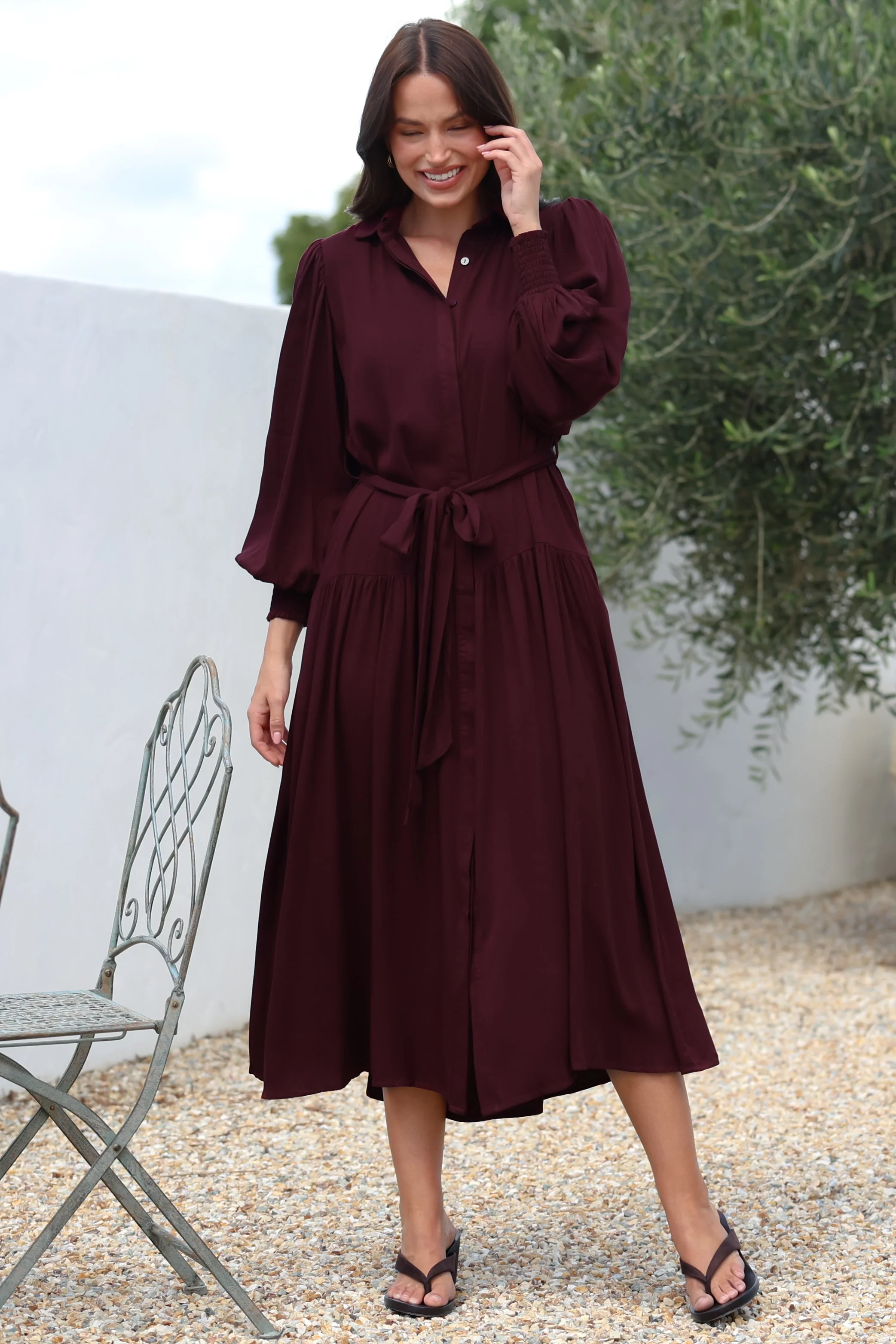 Skandi Midi Dress - Button Down Billow Sleeve Shirt Dress with Waist Tie in Wine - Image 2
