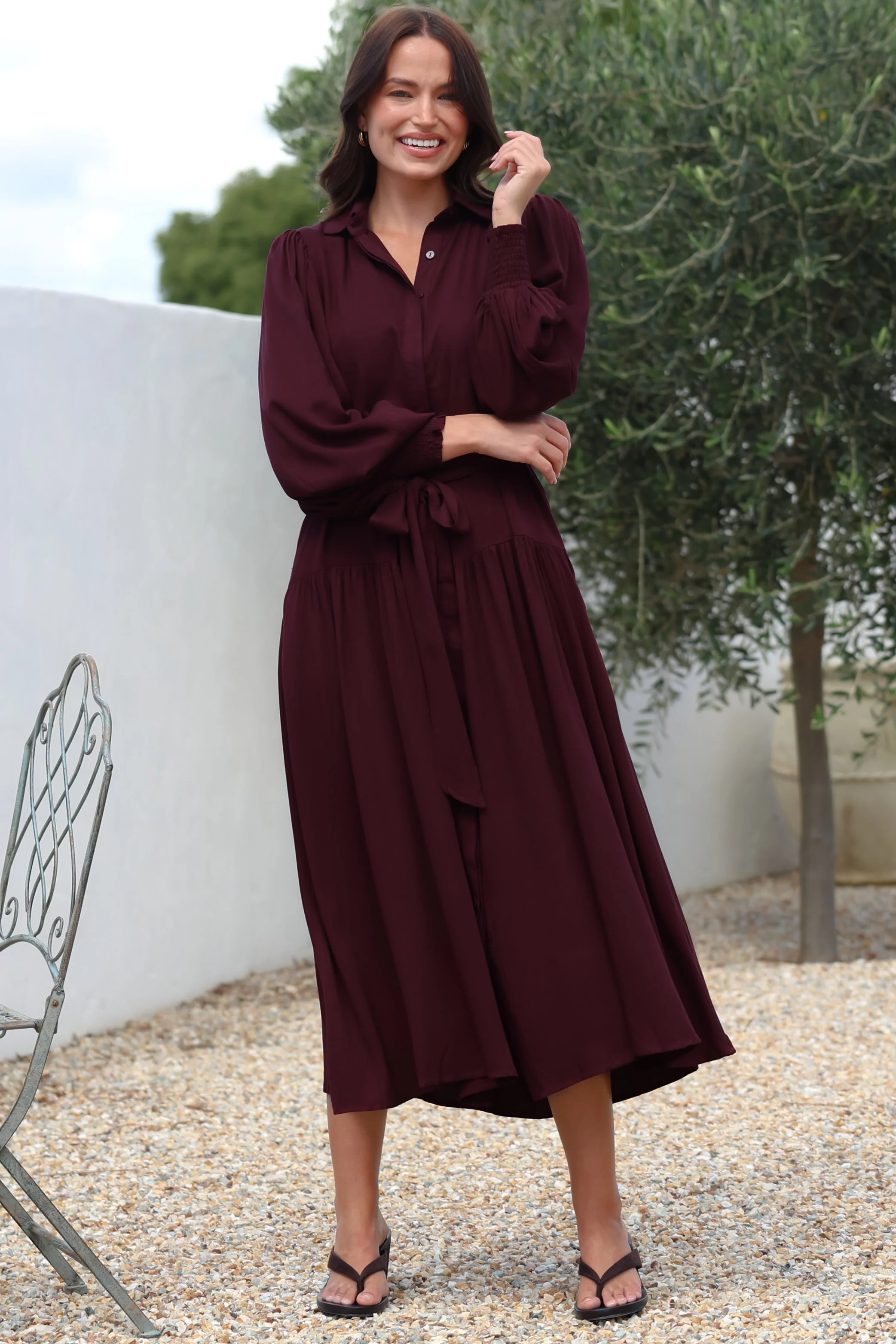 Skandi Midi Dress - Button Down Billow Sleeve Shirt Dress with Waist Tie in Wine - Image 4