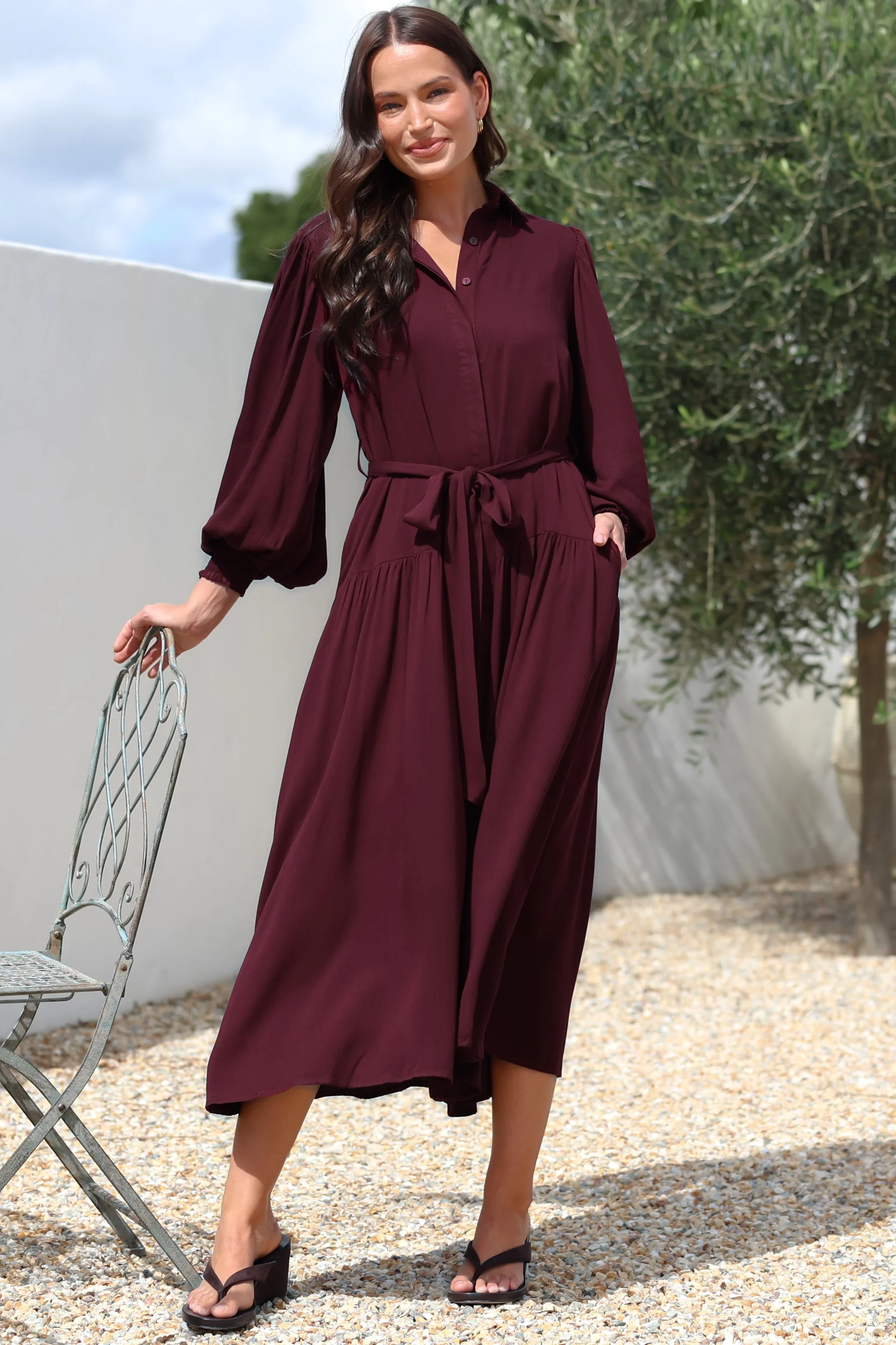 Skandi Midi Dress - Button Down Billow Sleeve Shirt Dress with Waist Tie in Wine - Image 5