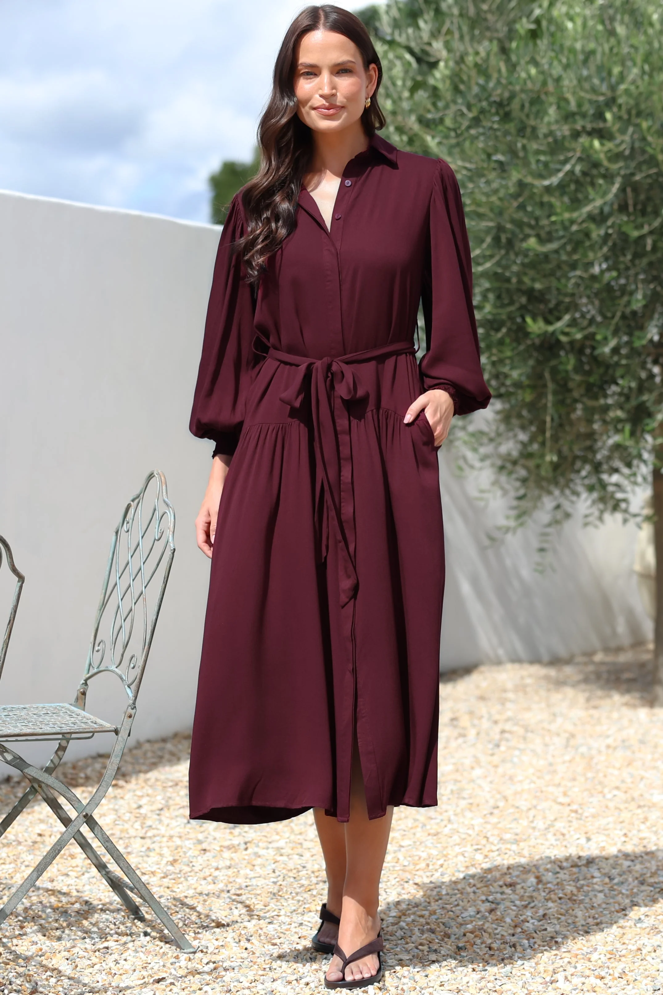Skandi Midi Dress - Button Down Billow Sleeve Shirt Dress with Waist Tie in Wine - Image 6