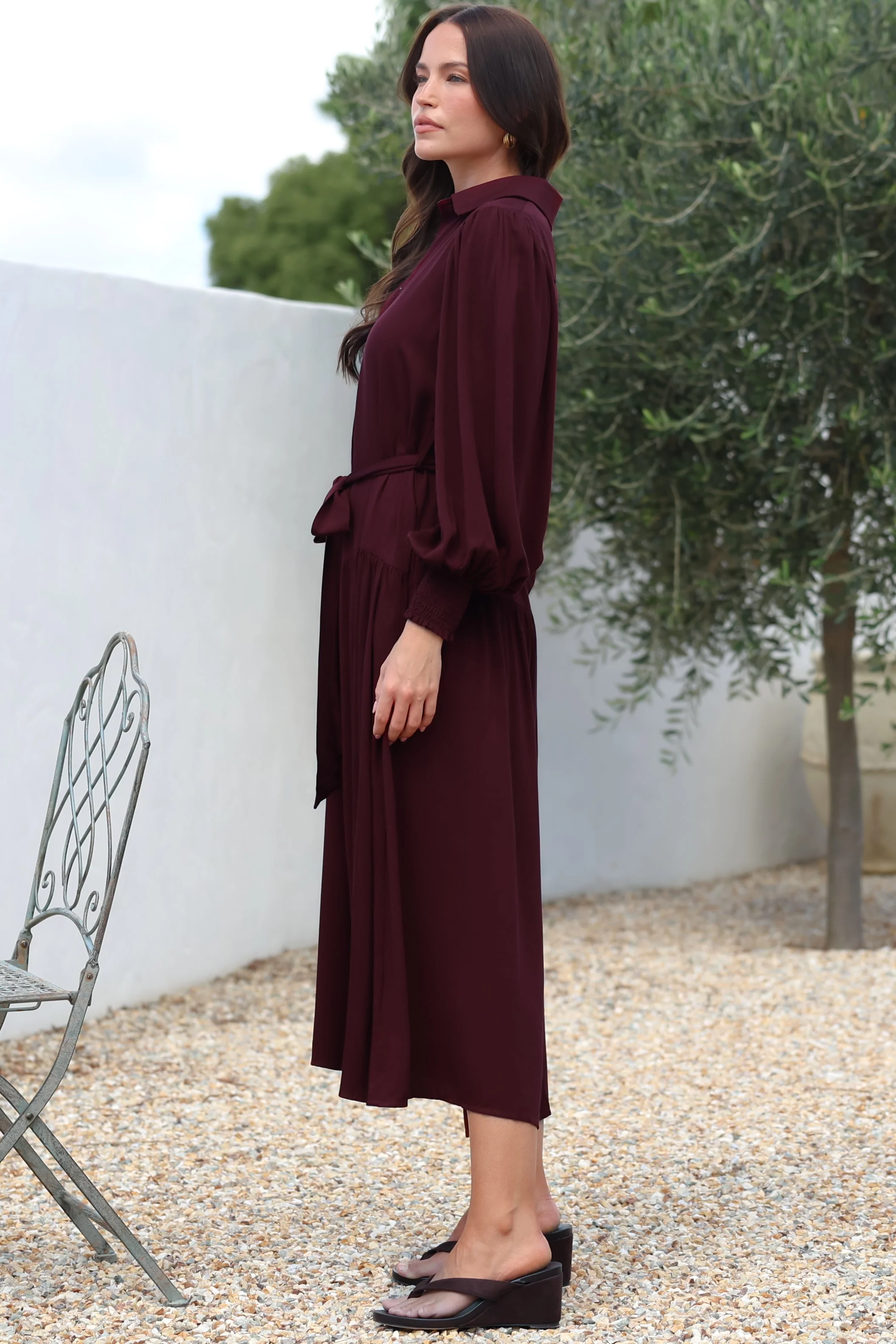 Skandi Midi Dress - Button Down Billow Sleeve Shirt Dress with Waist Tie in Wine - Image 7