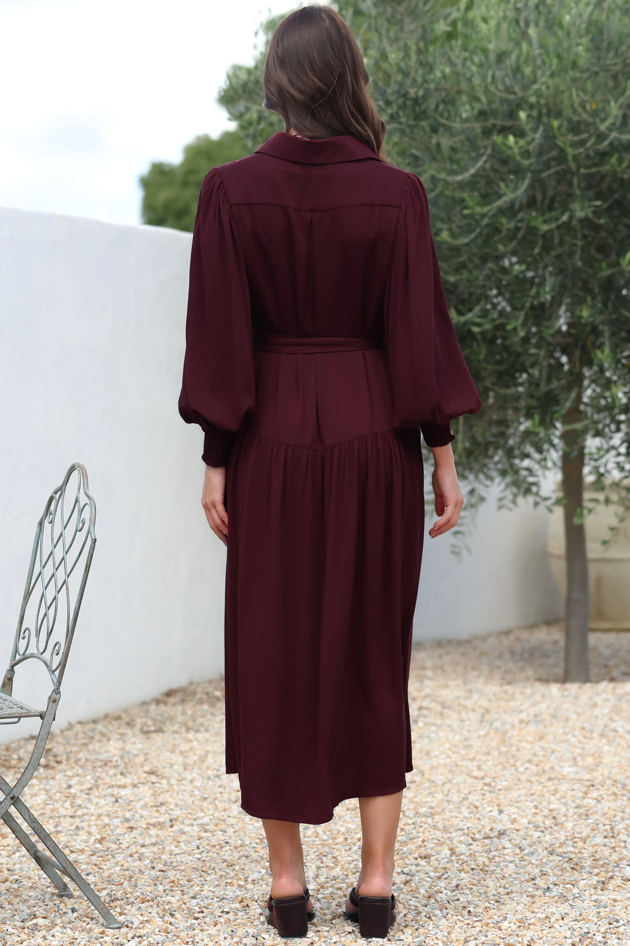 Skandi Midi Dress - Button Down Billow Sleeve Shirt Dress with Waist Tie in Wine - Image 8