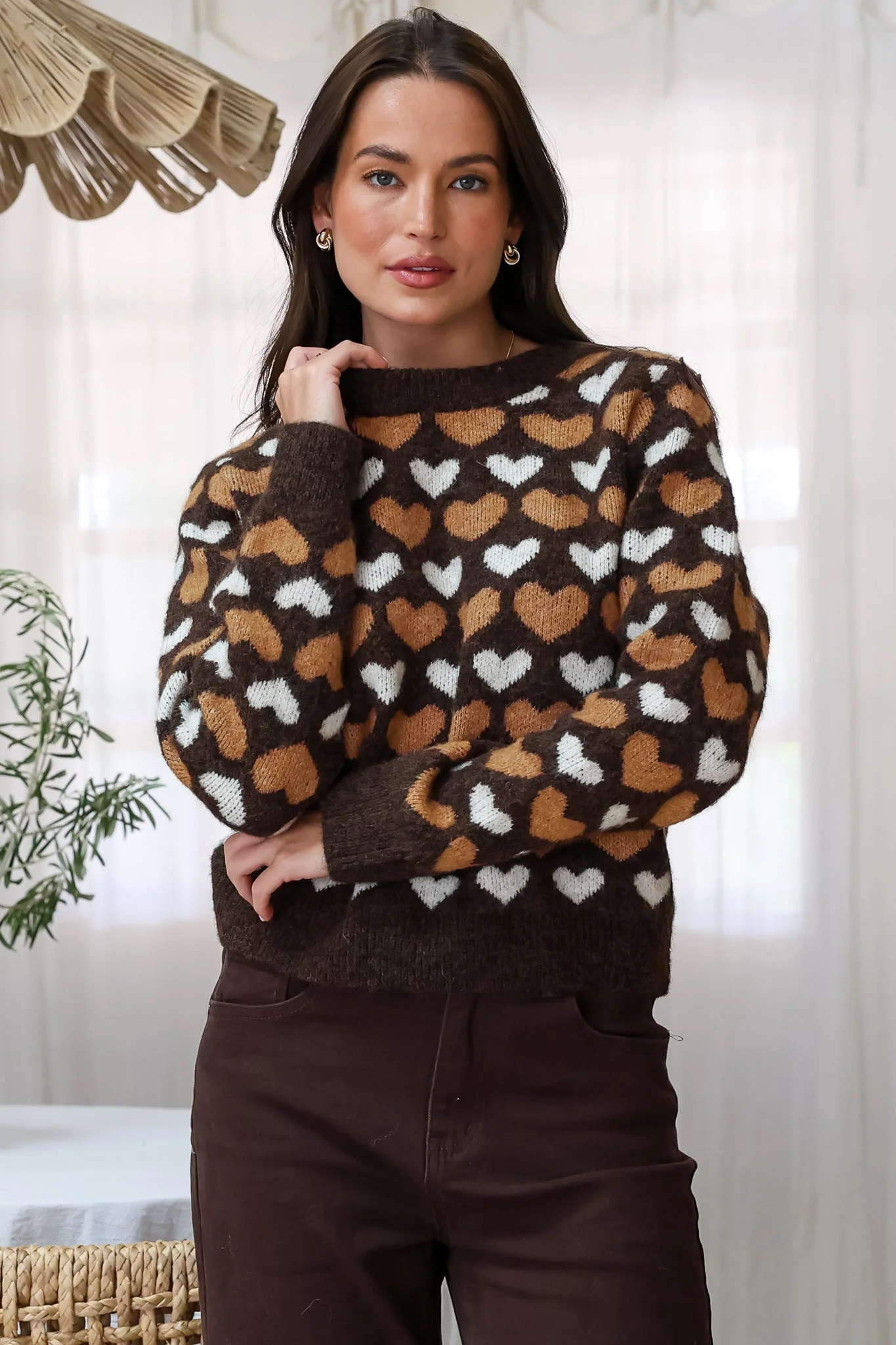 Skye Jumper - Crew Neck Contrast Heart Motif Knit in Coffee - Image 3