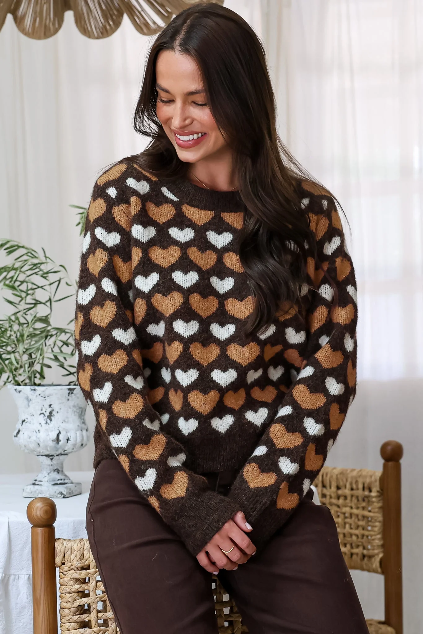 Skye Jumper - Crew Neck Contrast Heart Motif Knit in Coffee - Image 5