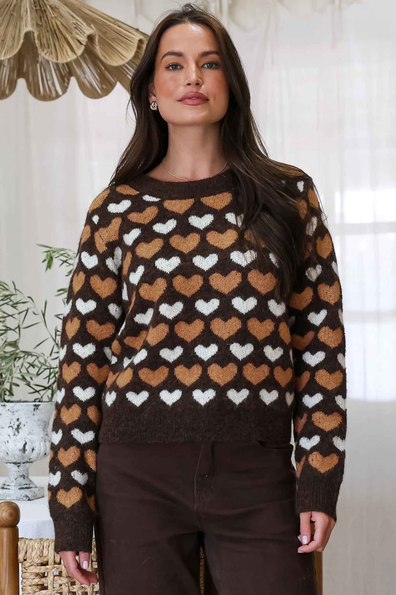 Skye Jumper - Crew Neck Contrast Heart Motif Knit in Coffee - Image 6