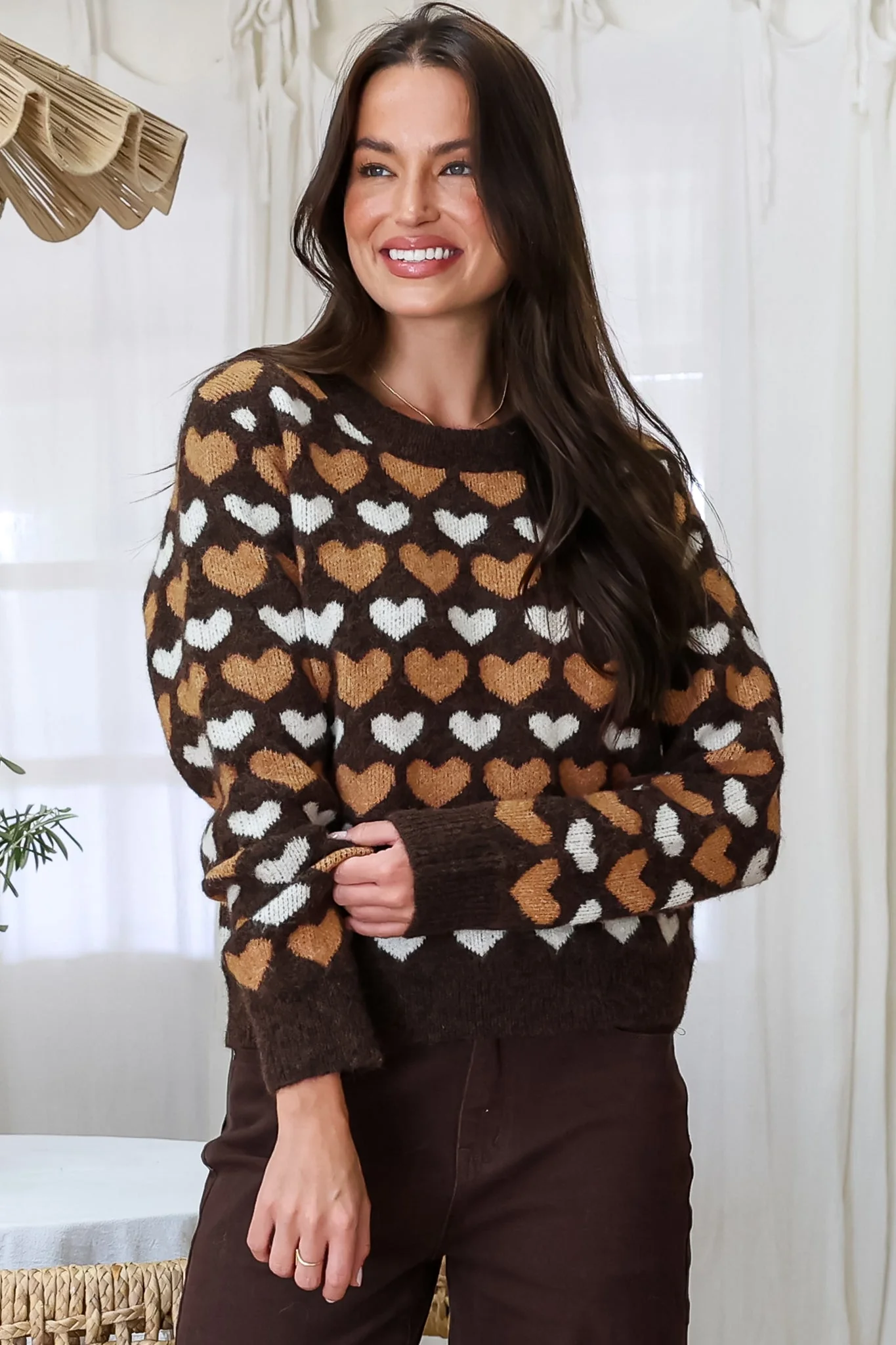 Skye Jumper - Crew Neck Contrast Heart Motif Knit in Coffee - Image 7