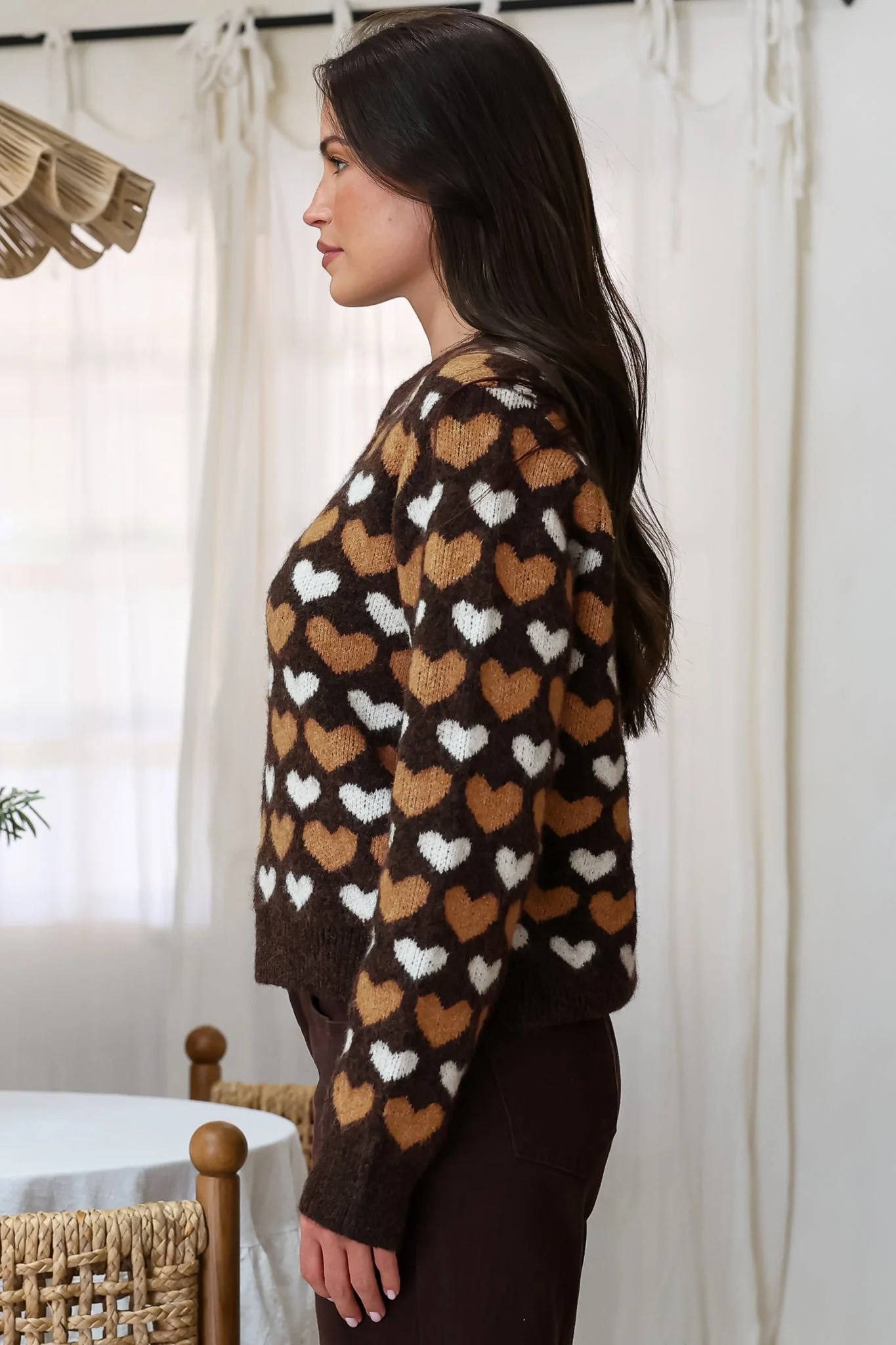 Skye Jumper - Crew Neck Contrast Heart Motif Knit in Coffee - Image 8