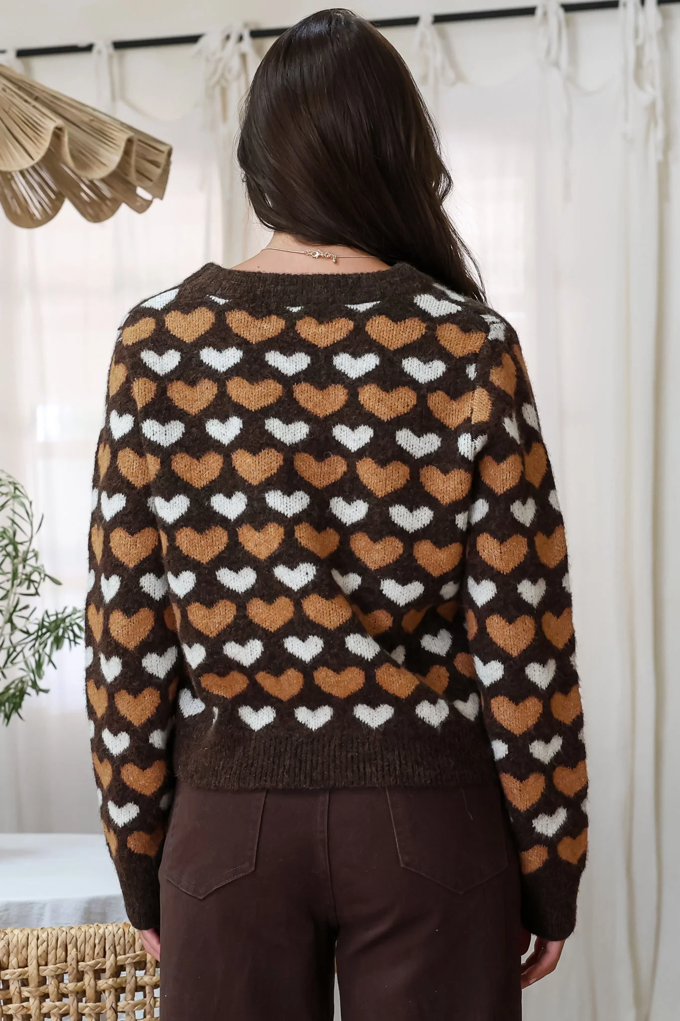 Skye Jumper - Crew Neck Contrast Heart Motif Knit in Coffee - Image 9