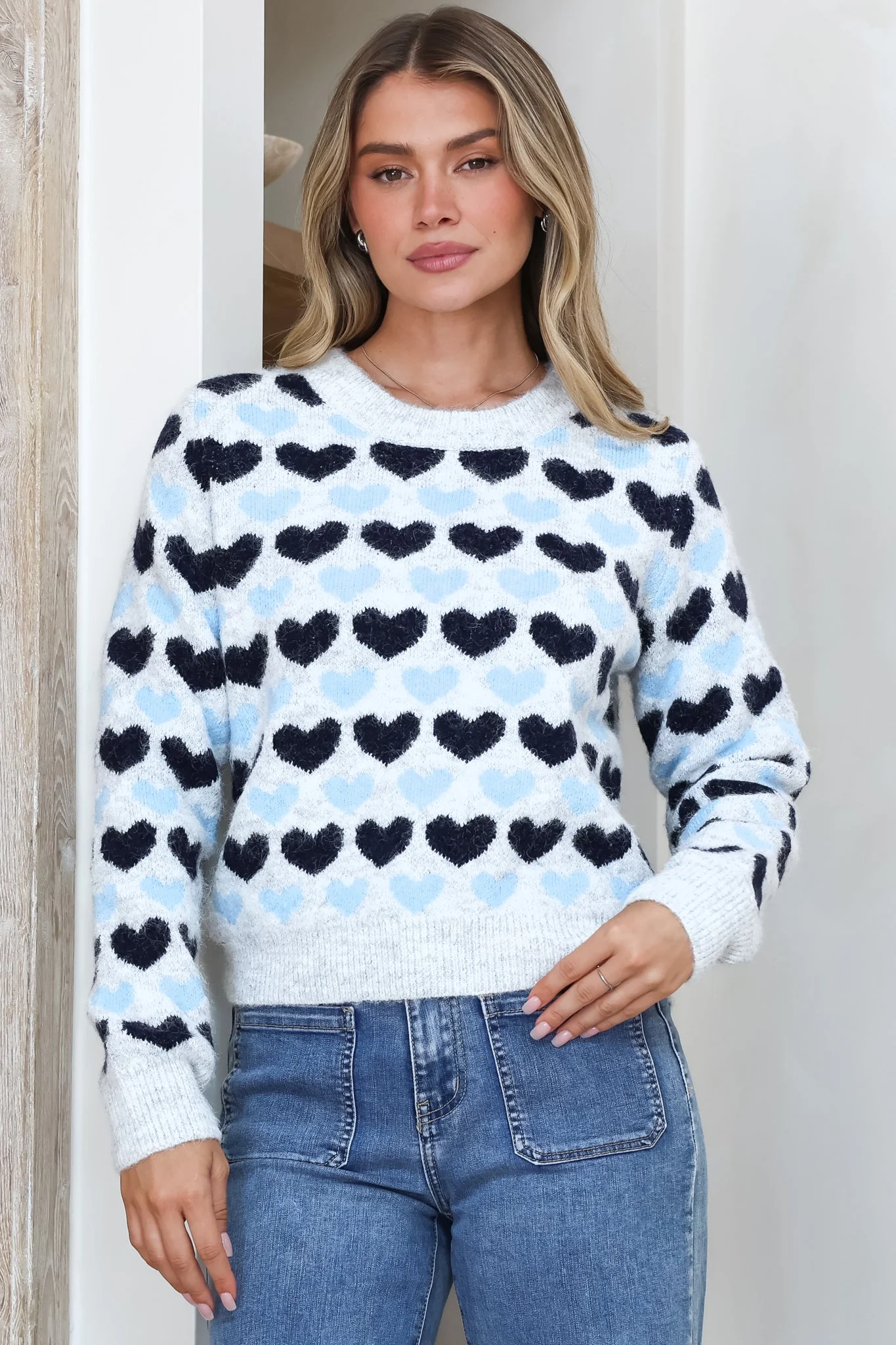 Skye Jumper - Crew Neck Contrast Heart Motif Knit in Grey