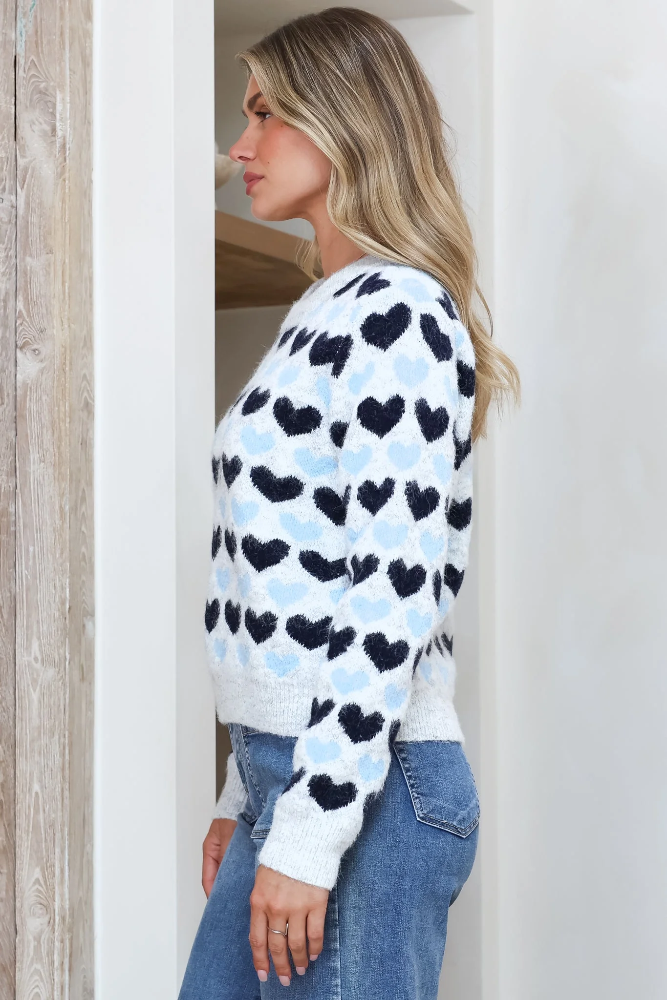 Skye Jumper - Crew Neck Contrast Heart Motif Knit in Grey - Image 5