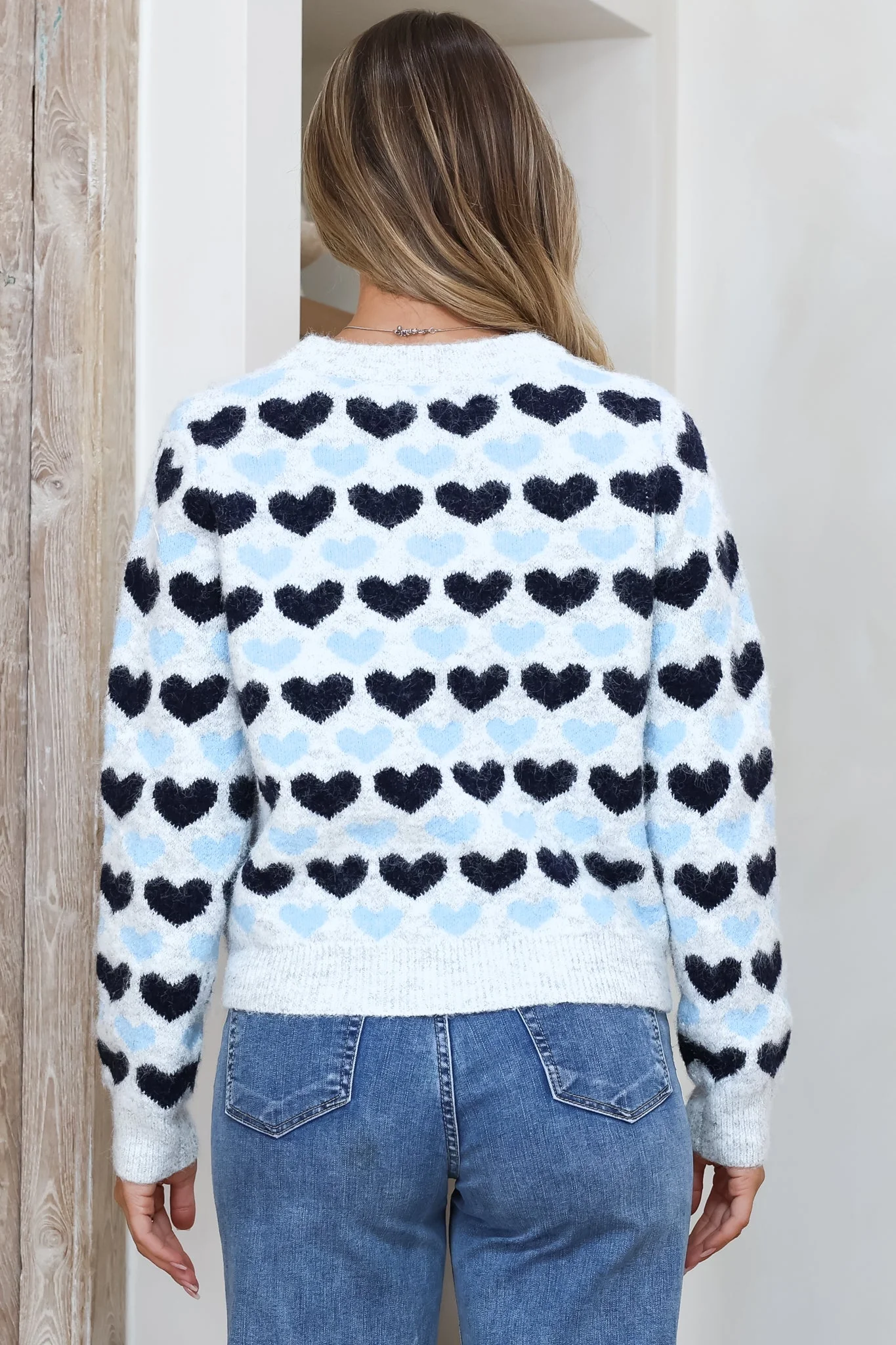 Skye Jumper - Crew Neck Contrast Heart Motif Knit in Grey - Image 6