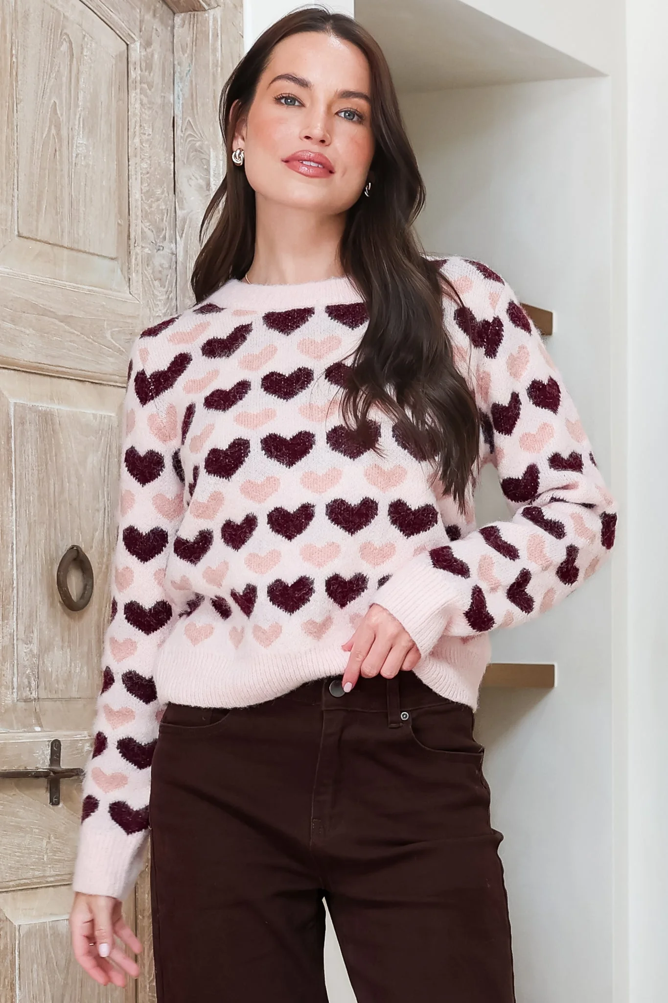 Skye Jumper - Crew Neck Contrast Heart Motif Knit in Light Pink