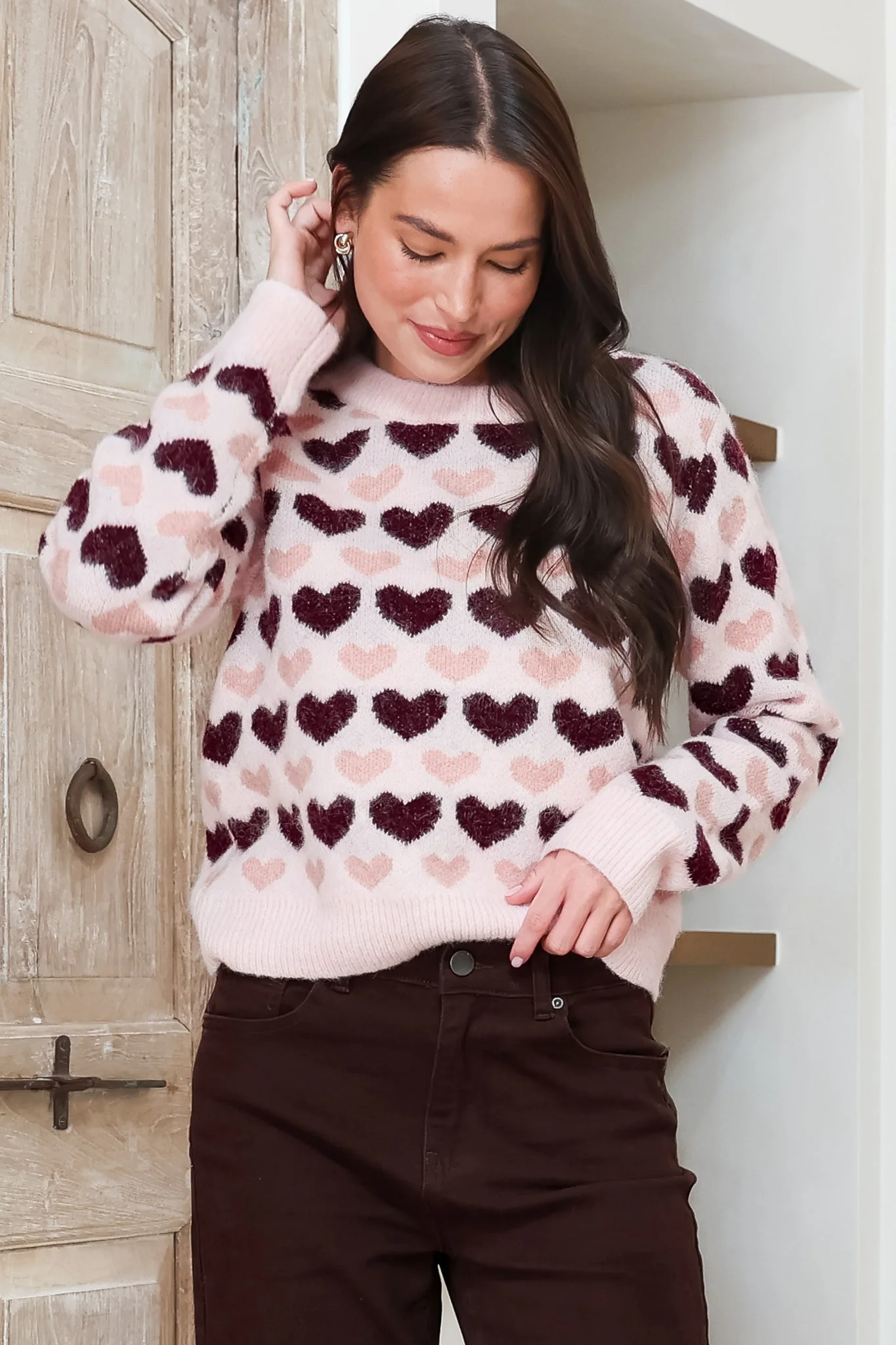 Skye Jumper - Crew Neck Contrast Heart Motif Knit in Light Pink - Image 2