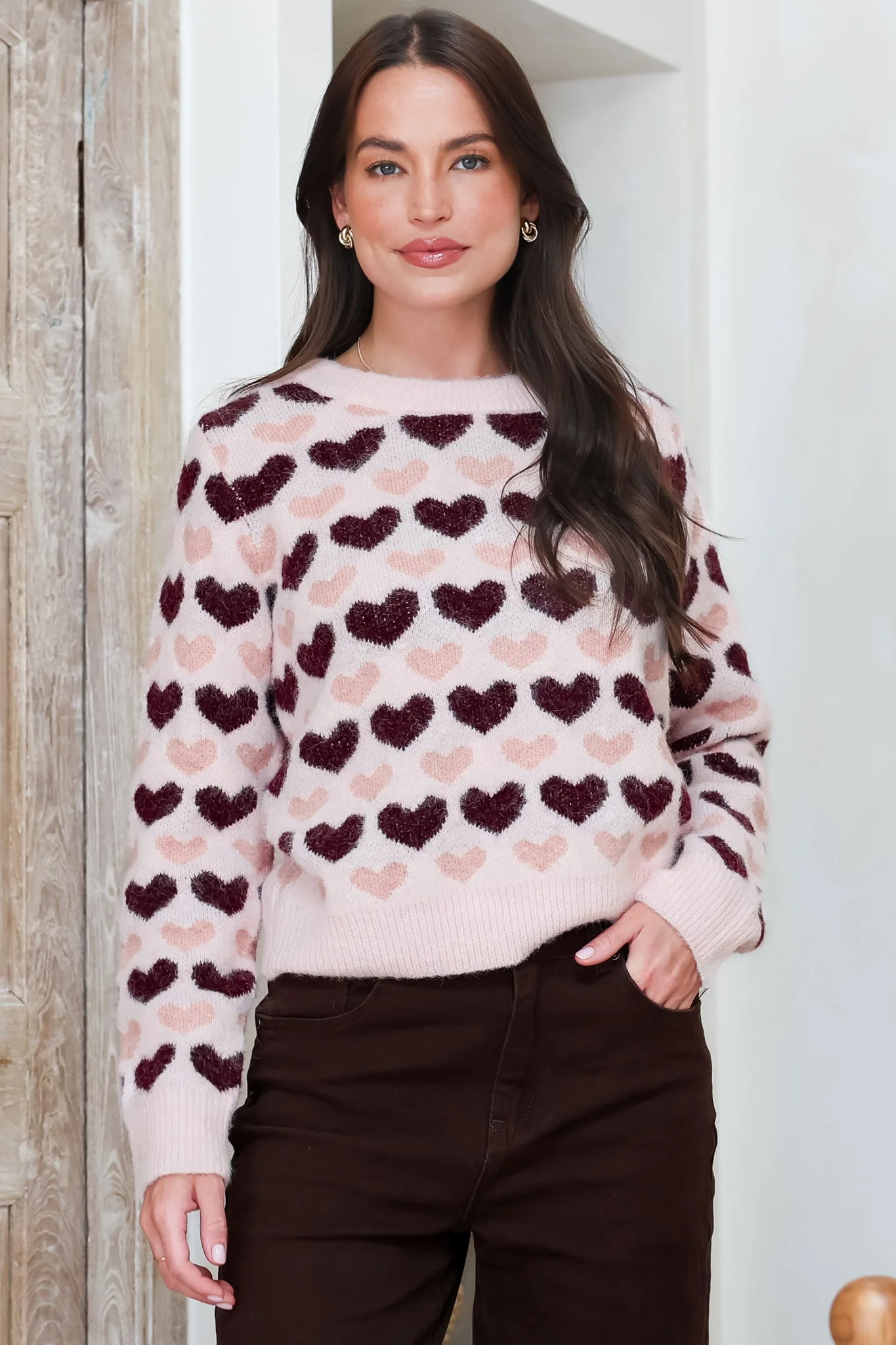 Skye Jumper - Crew Neck Contrast Heart Motif Knit in Light Pink - Image 3