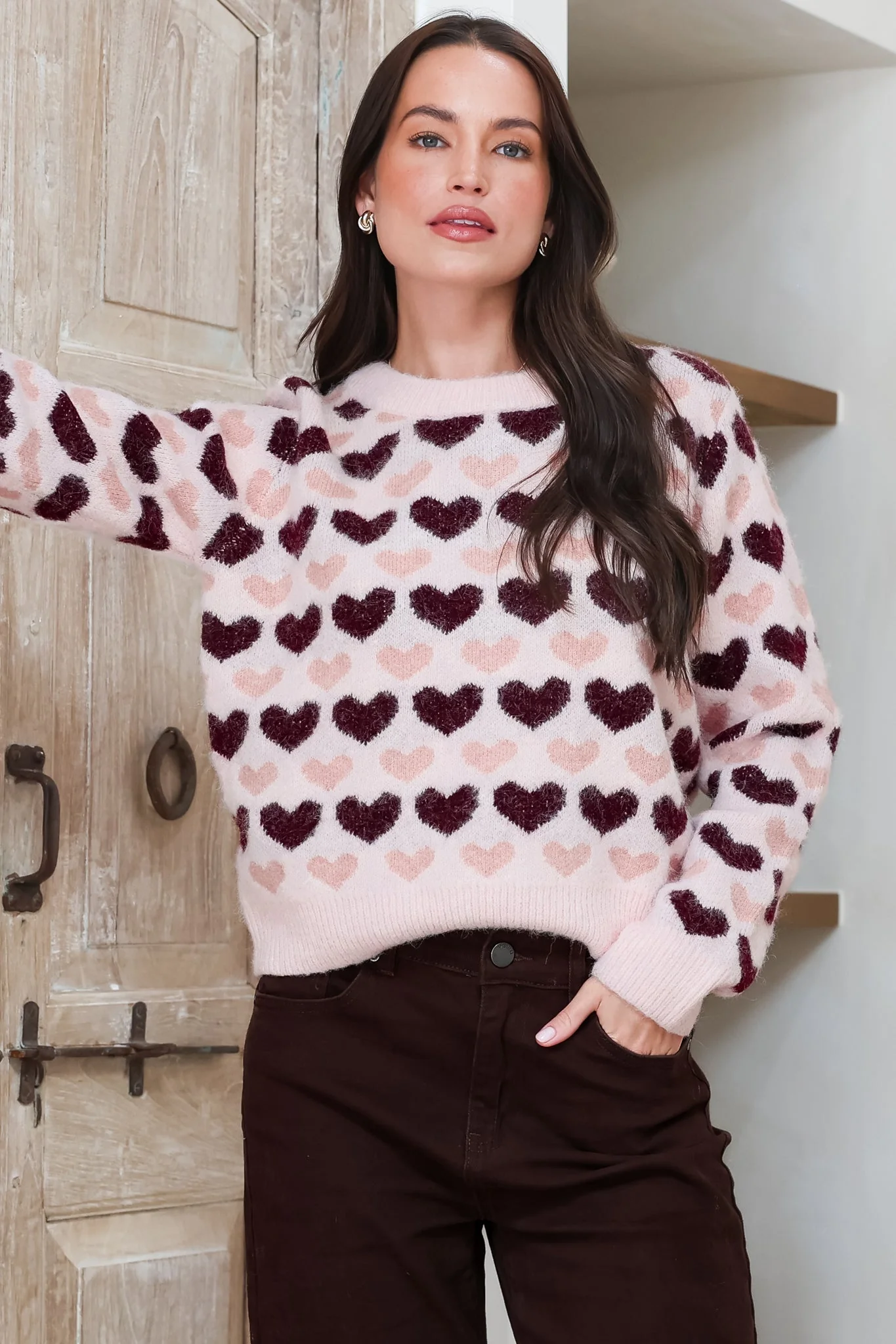 Skye Jumper - Crew Neck Contrast Heart Motif Knit in Light Pink - Image 4
