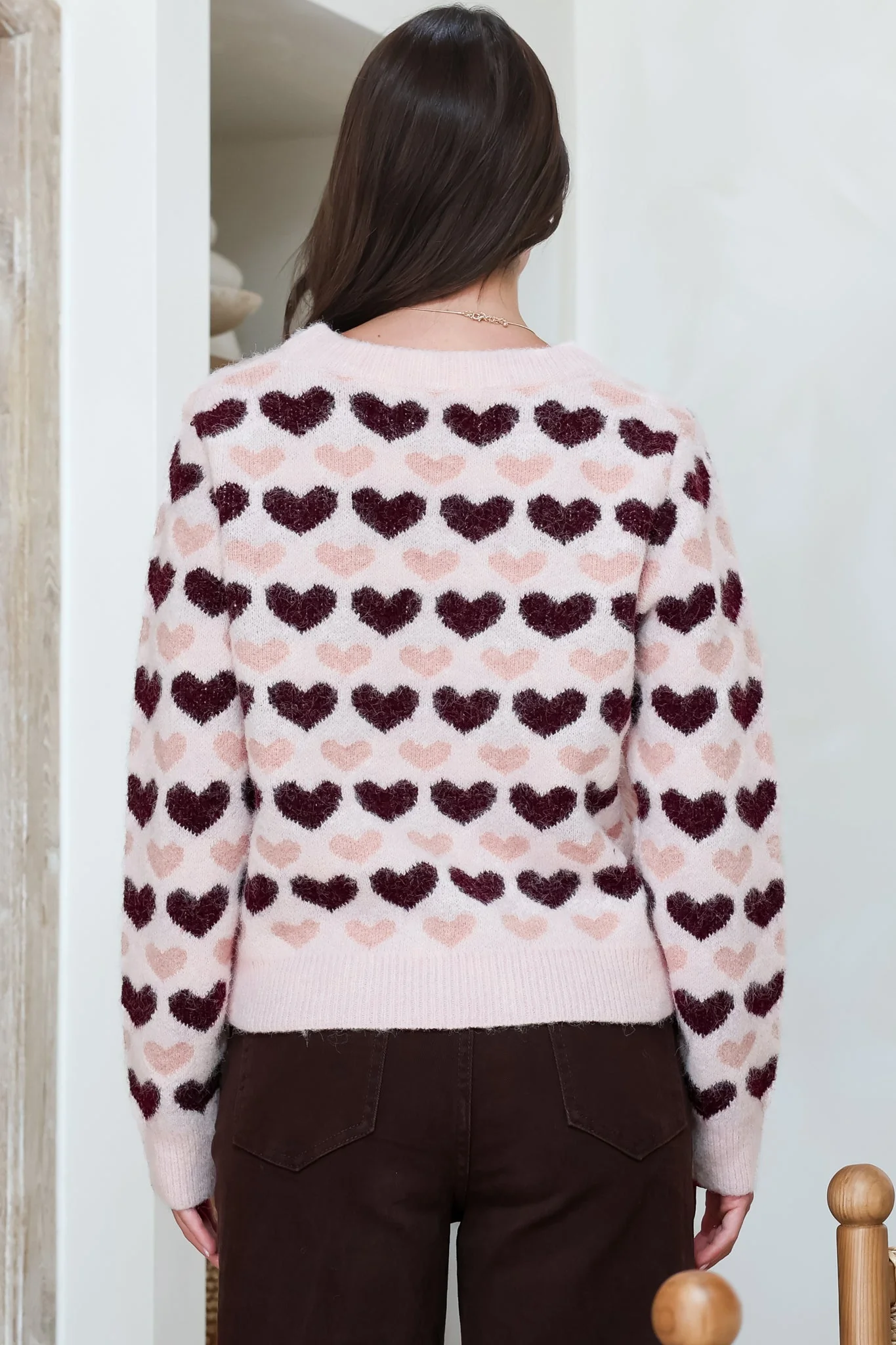 Skye Jumper - Crew Neck Contrast Heart Motif Knit in Light Pink - Image 6