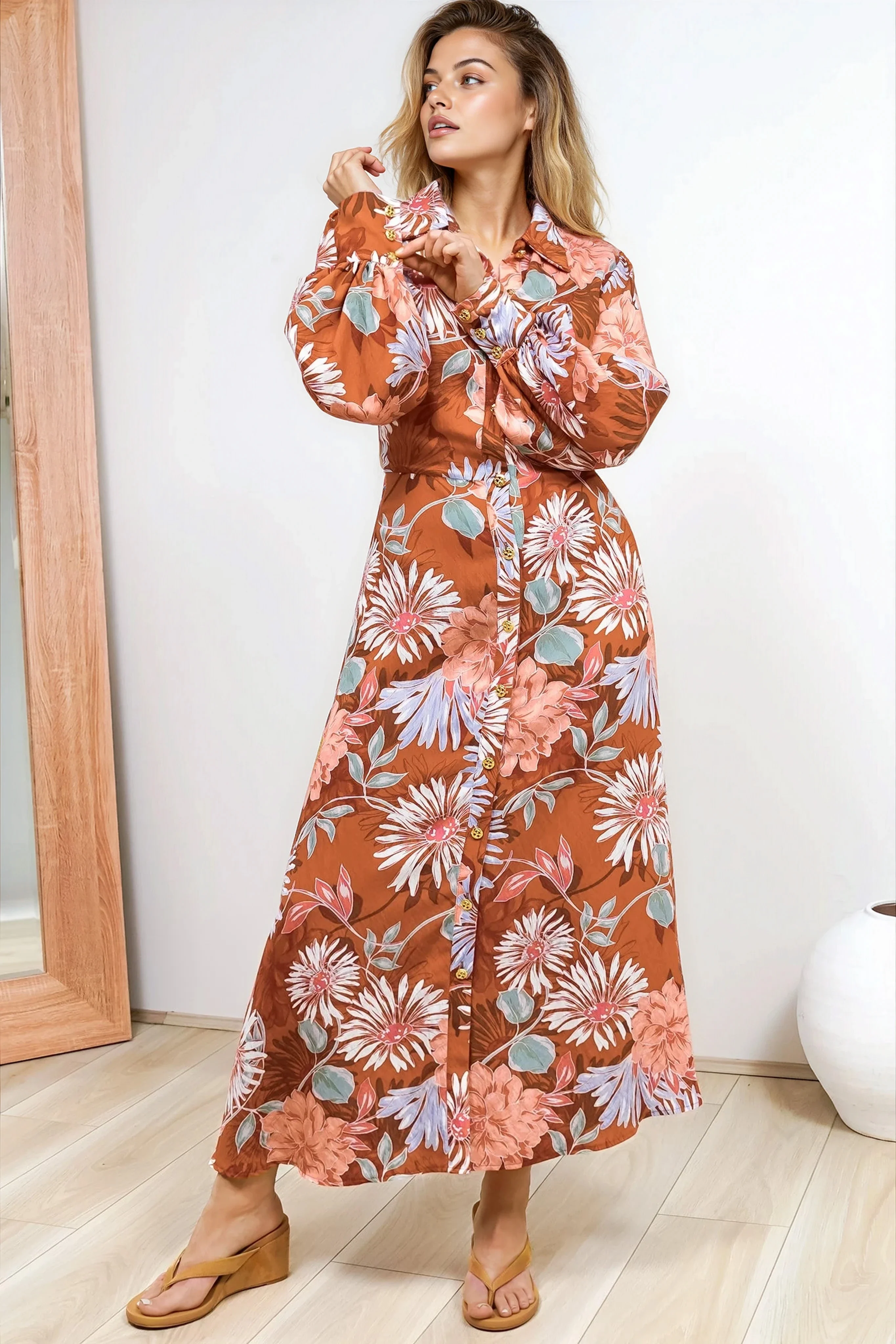 Sloane Maxi Dress - Collared Button Down Shirt Dress with Wrap Waist Tie in Perla Print - Image 3