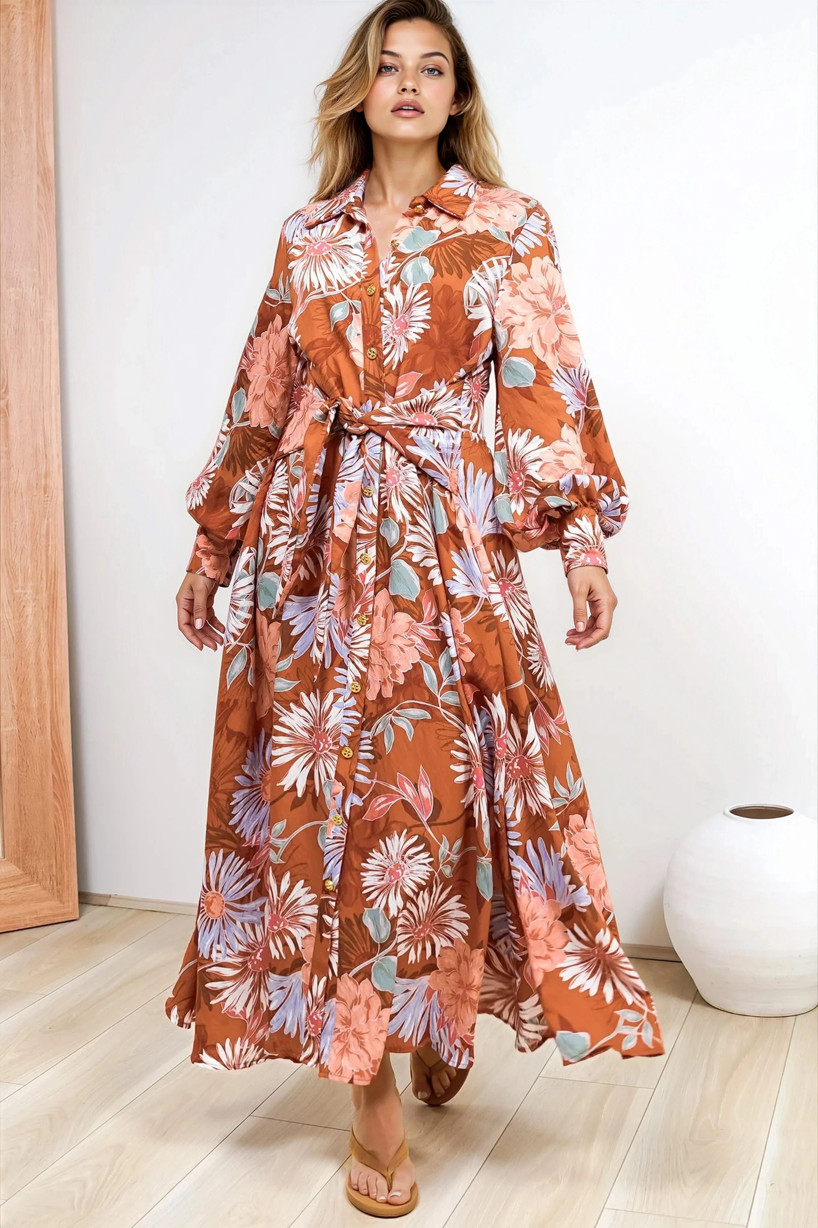 Sloane Maxi Dress - Collared Button Down Shirt Dress with Wrap Waist Tie in Perla Print - Image 4