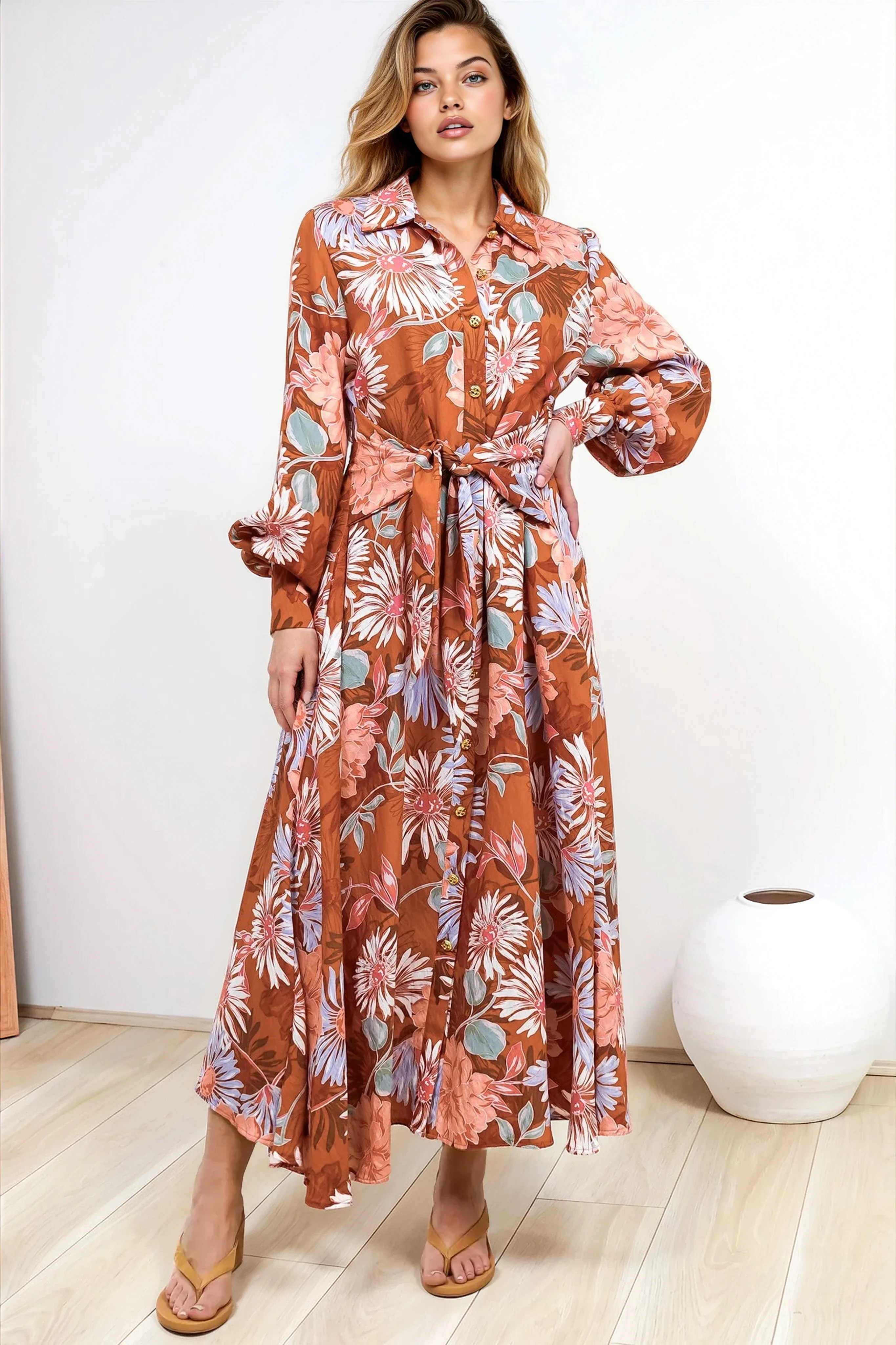 Sloane Maxi Dress - Collared Button Down Shirt Dress with Wrap Waist Tie in Perla Print - Image 5