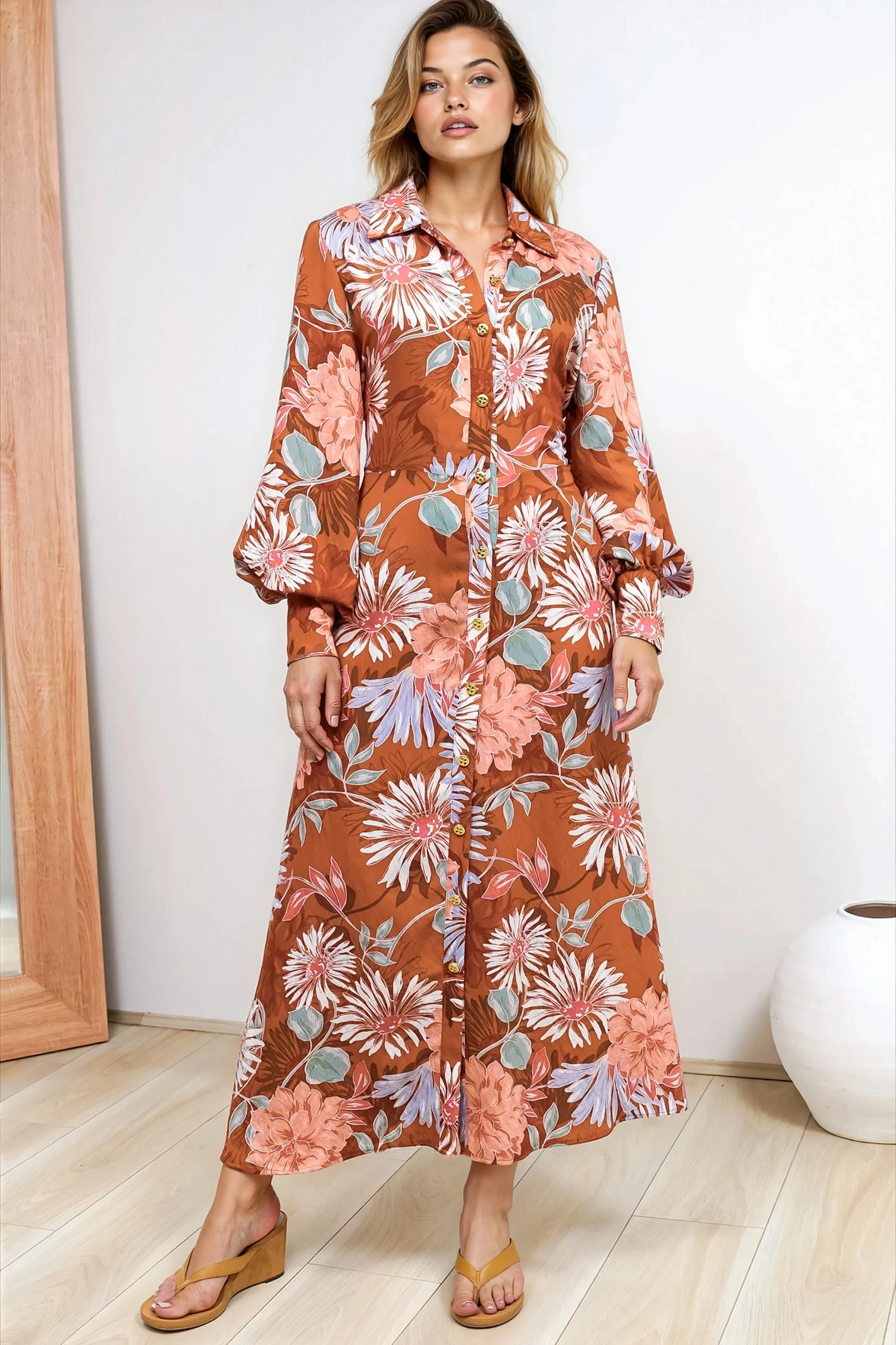 Sloane Maxi Dress - Collared Button Down Shirt Dress with Wrap Waist Tie in Perla Print - Image 6