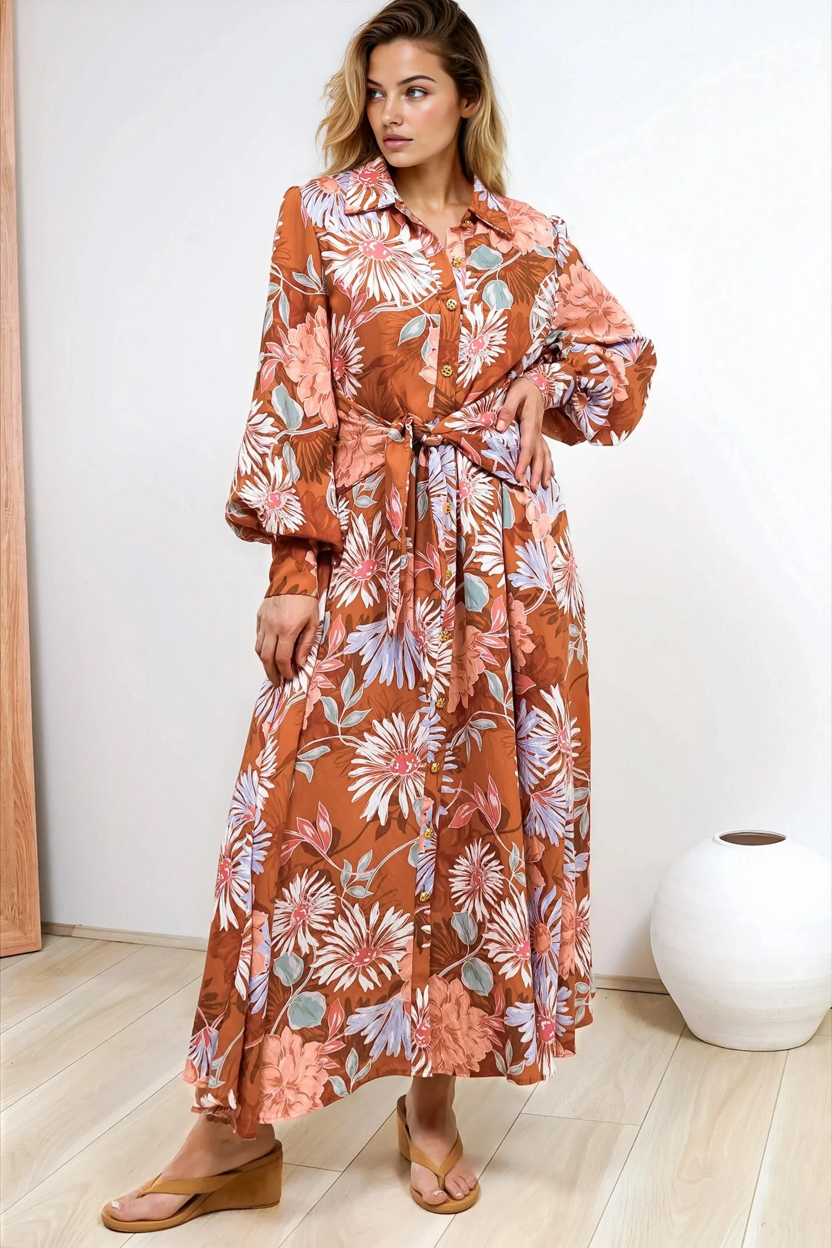 Sloane Maxi Dress - Collared Button Down Shirt Dress with Wrap Waist Tie in Perla Print - Image 7