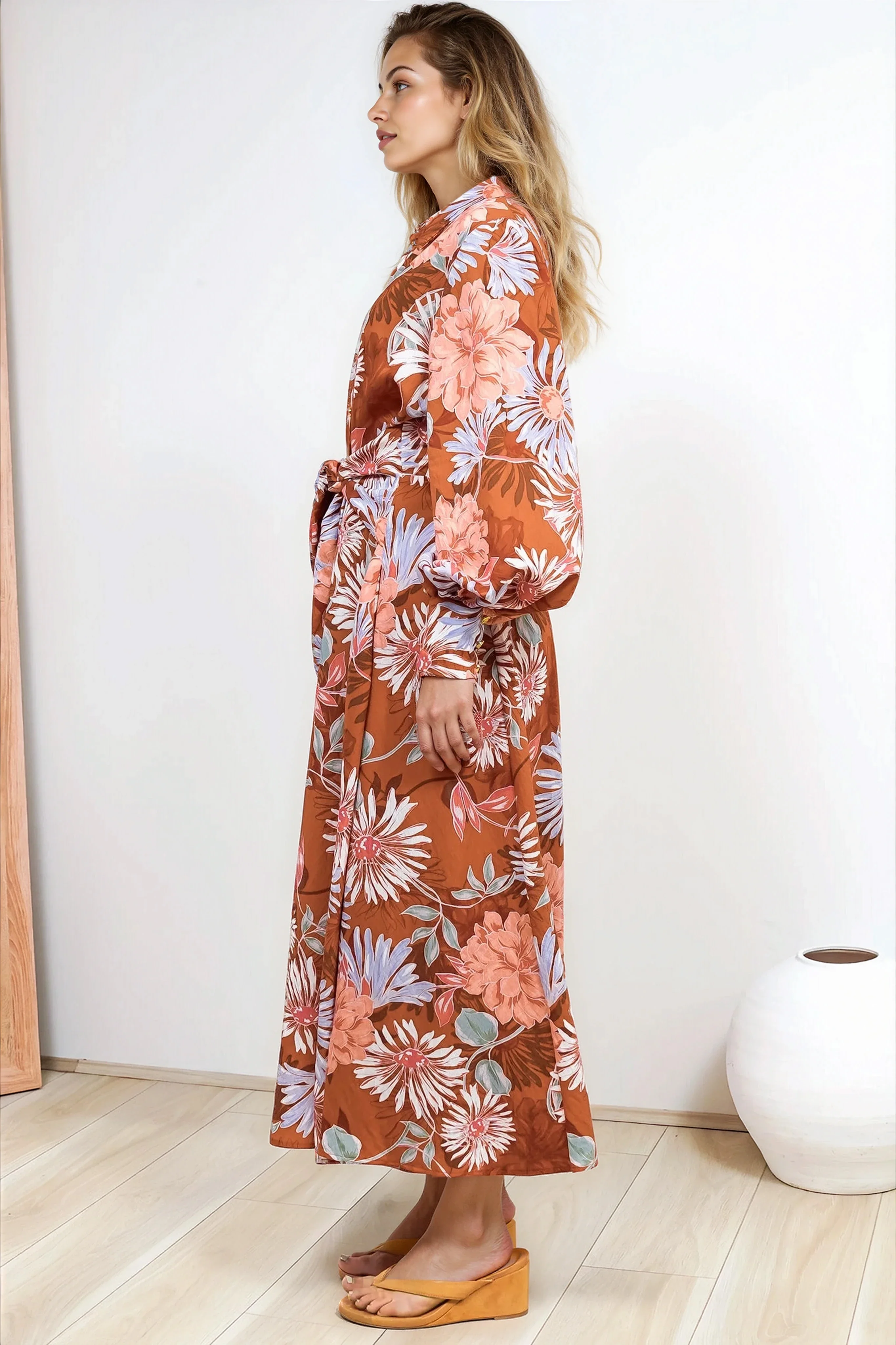 Sloane Maxi Dress - Collared Button Down Shirt Dress with Wrap Waist Tie in Perla Print - Image 8
