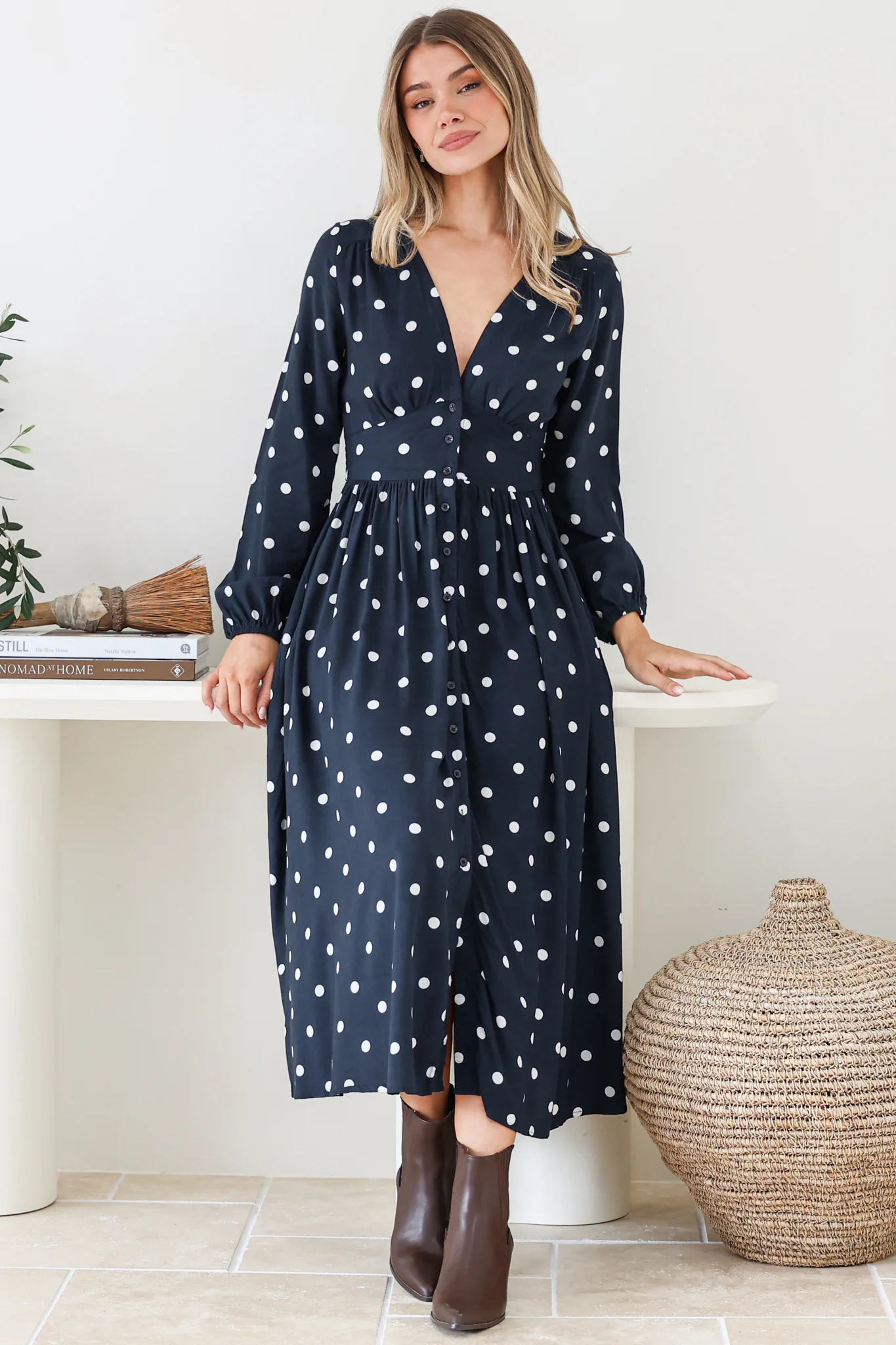 Soho Midi Dress - V Neck Button Down Tiered Dress with Pockets in Parisian Polka Print Navy - Image 2