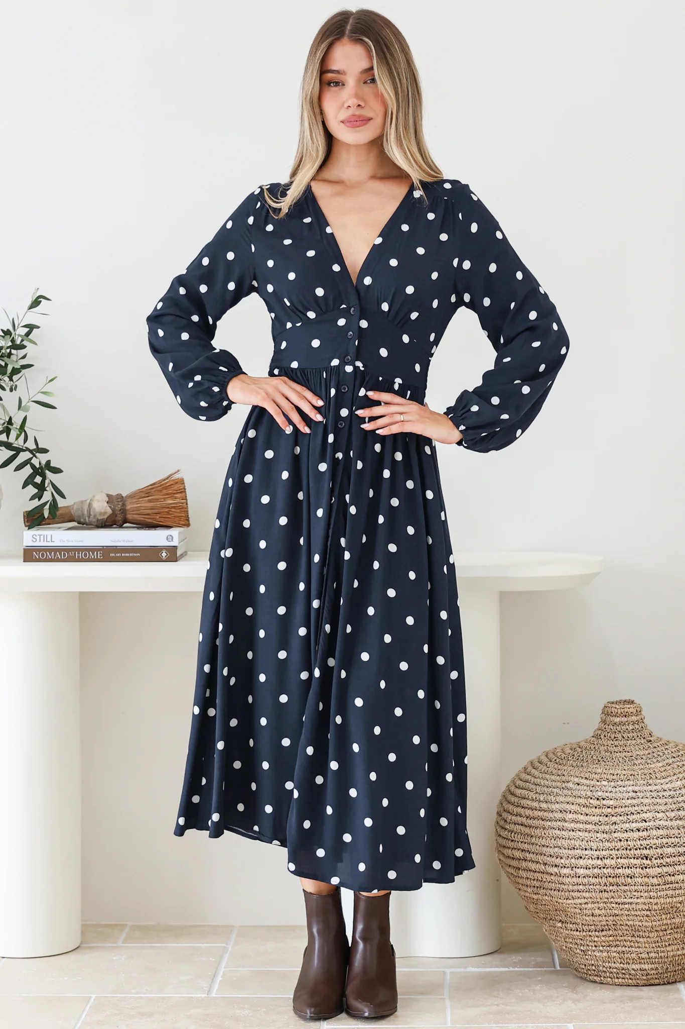 Soho Midi Dress - V Neck Button Down Tiered Dress with Pockets in Parisian Polka Print Navy - Image 3