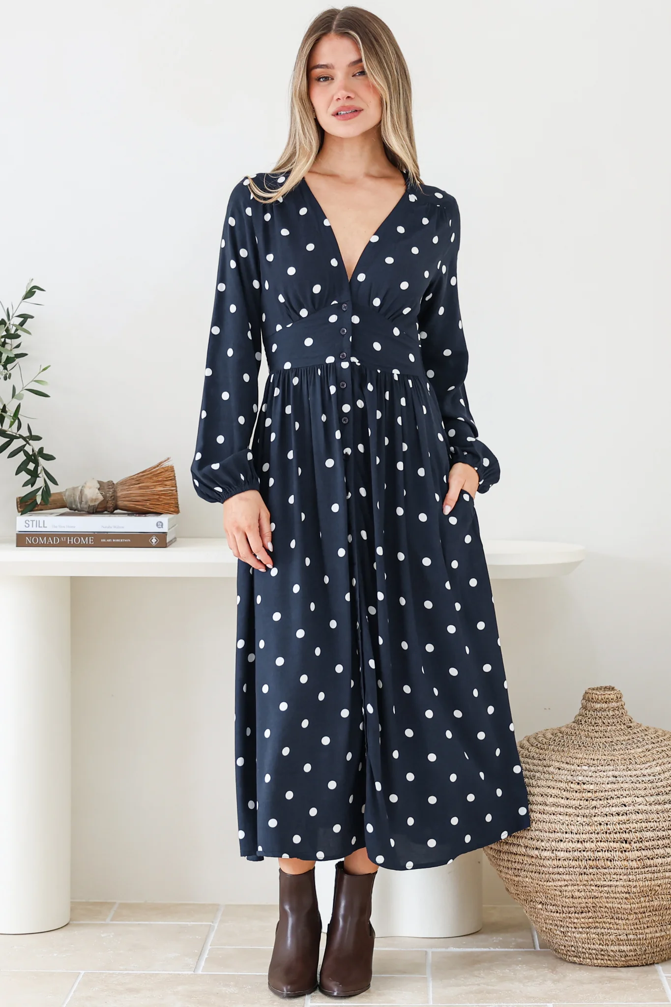 Soho Midi Dress - V Neck Button Down Tiered Dress with Pockets in Parisian Polka Print Navy - Image 4