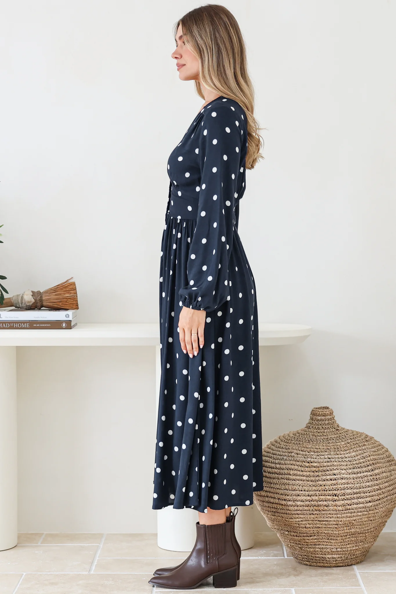 Soho Midi Dress - V Neck Button Down Tiered Dress with Pockets in Parisian Polka Print Navy - Image 5