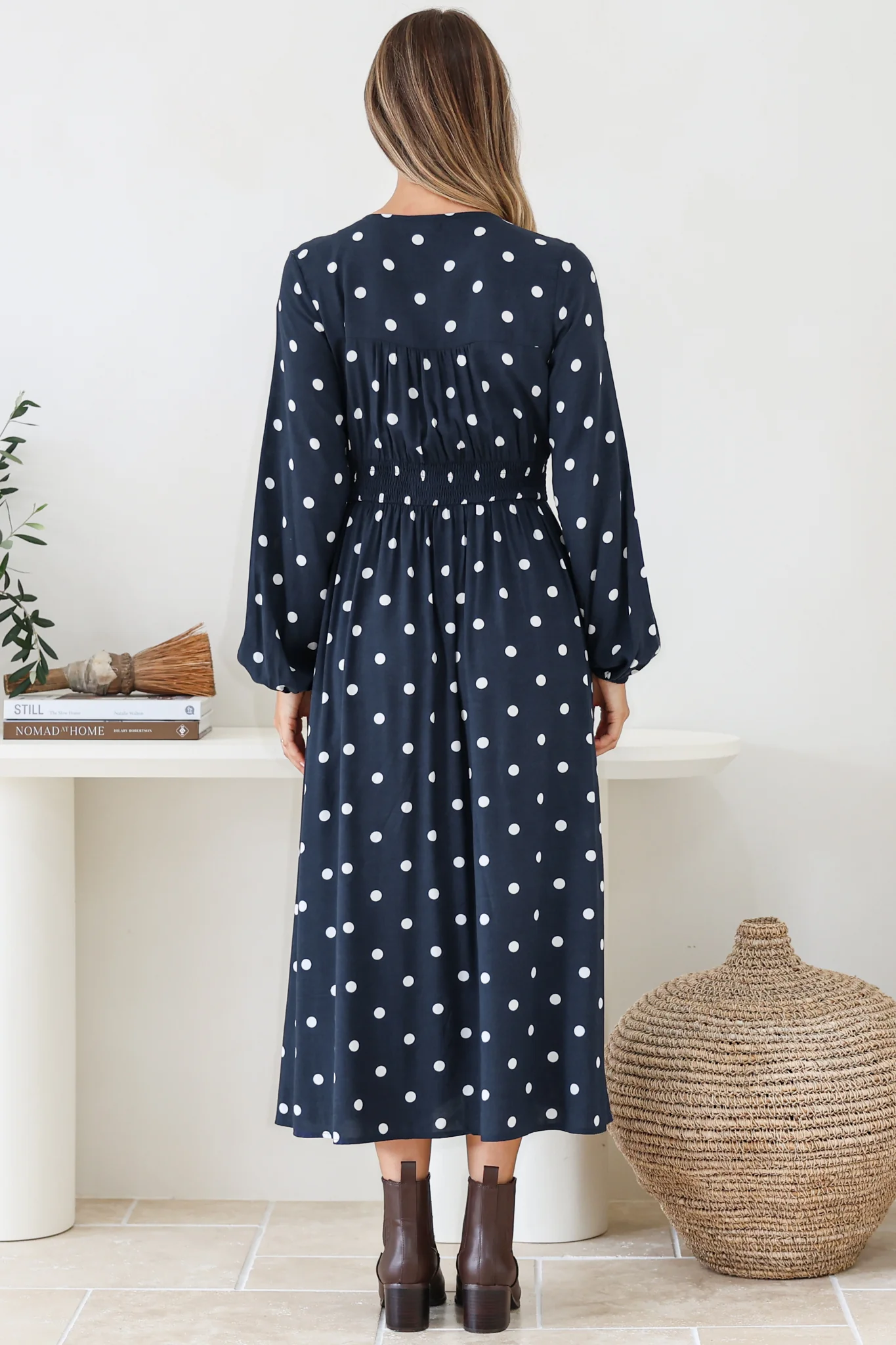 Soho Midi Dress - V Neck Button Down Tiered Dress with Pockets in Parisian Polka Print Navy - Image 6