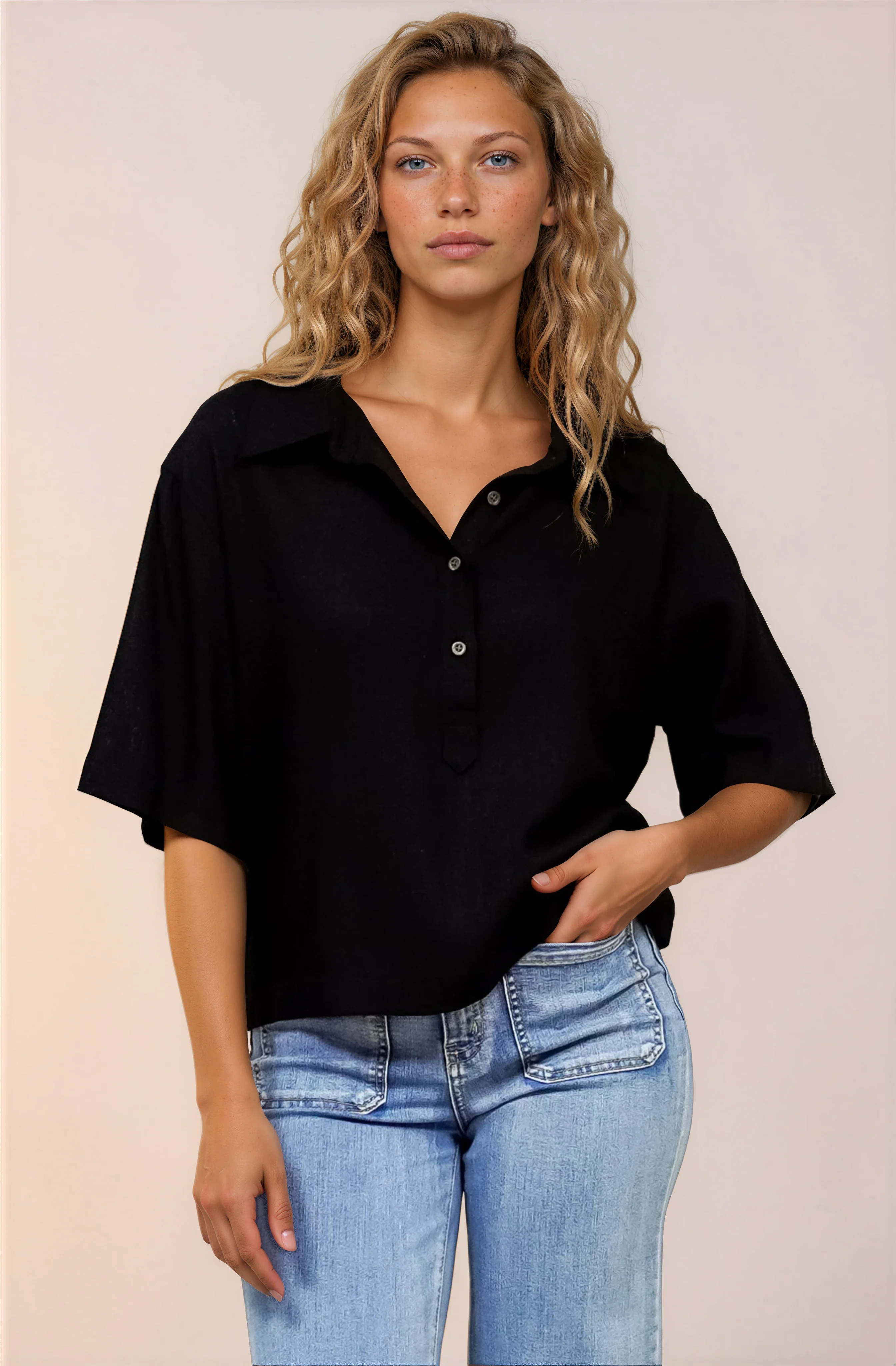Solana Top - Collared Buttoned Neckline Boxy Tee in Black - Image 2