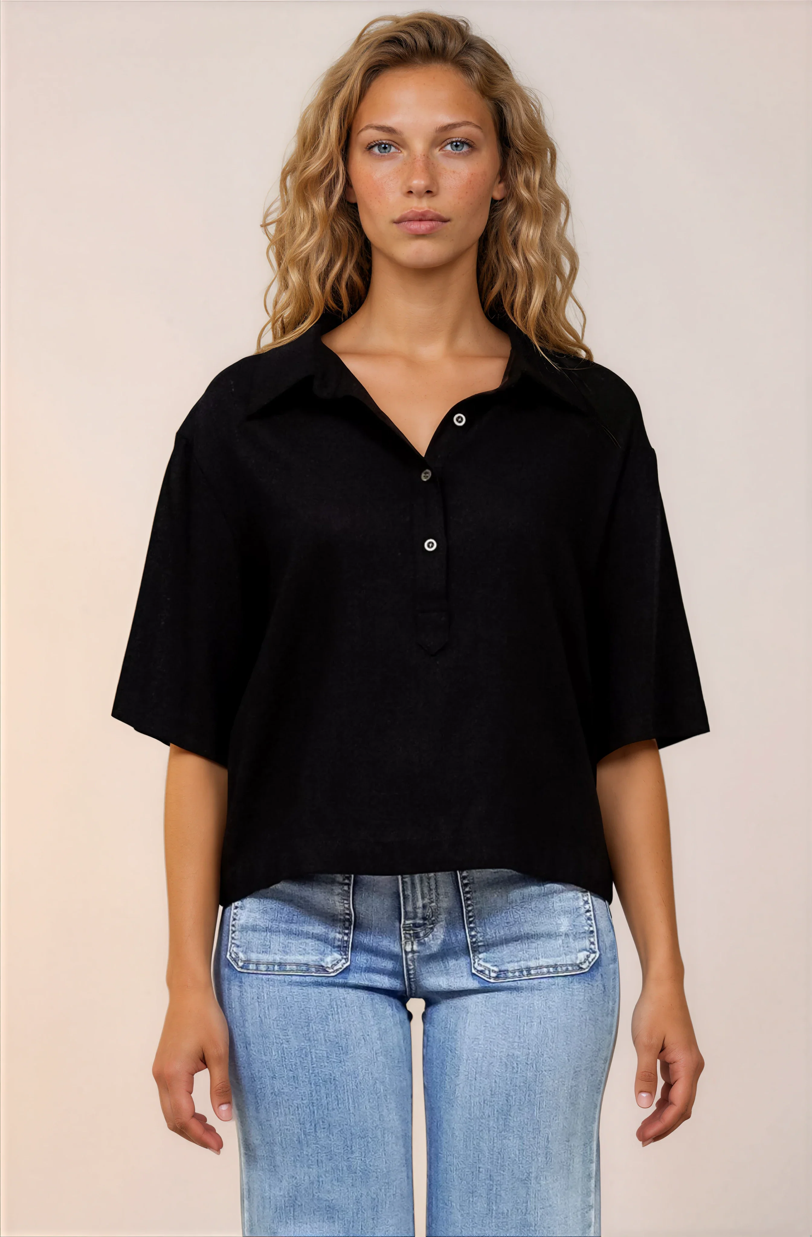 Solana Top - Collared Buttoned Neckline Boxy Tee in Black - Image 3
