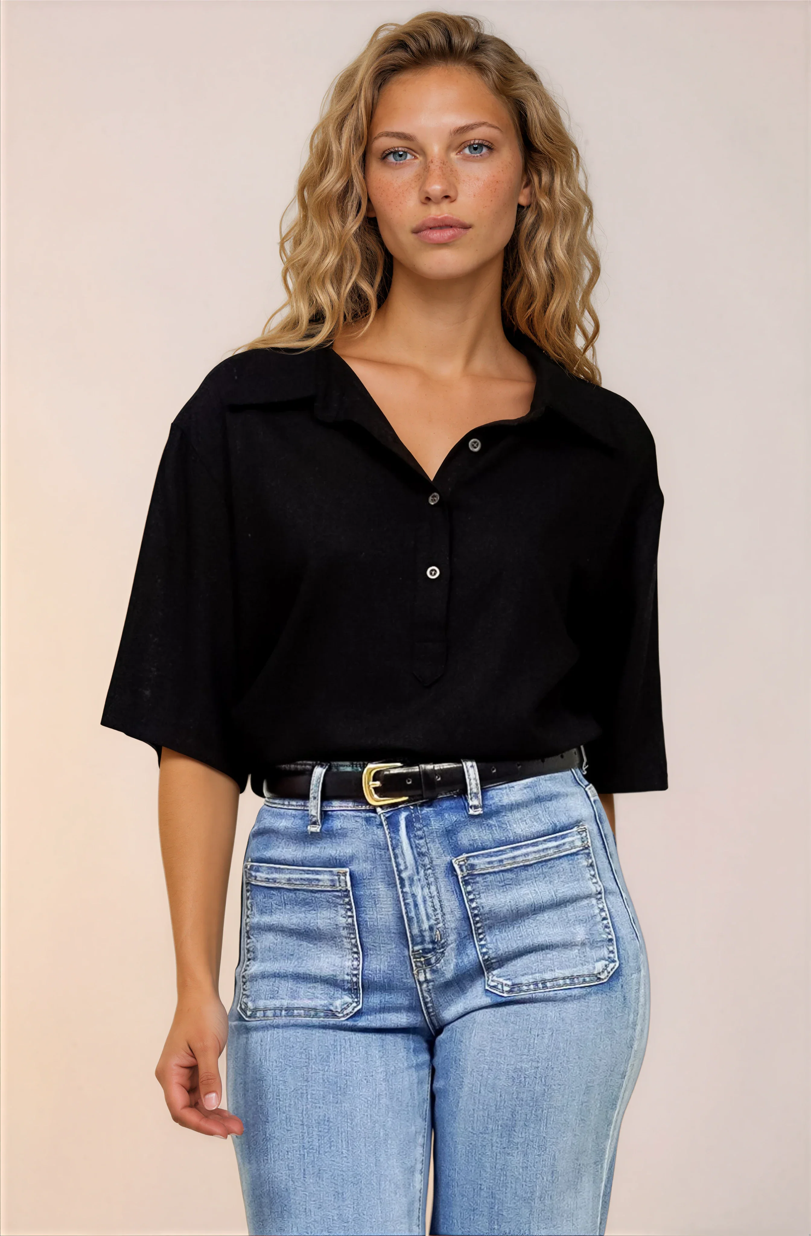 Solana Top - Collared Buttoned Neckline Boxy Tee in Black - Image 4