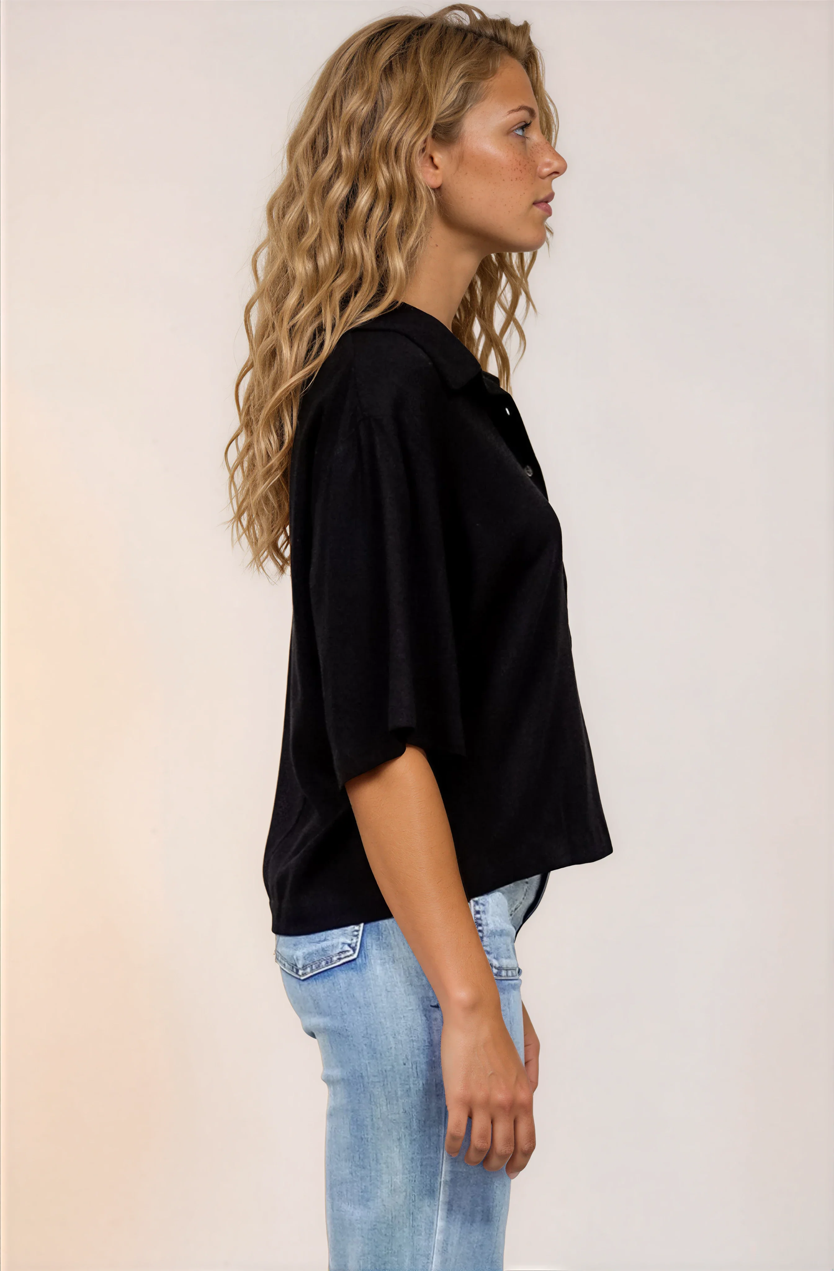 Solana Top - Collared Buttoned Neckline Boxy Tee in Black - Image 5