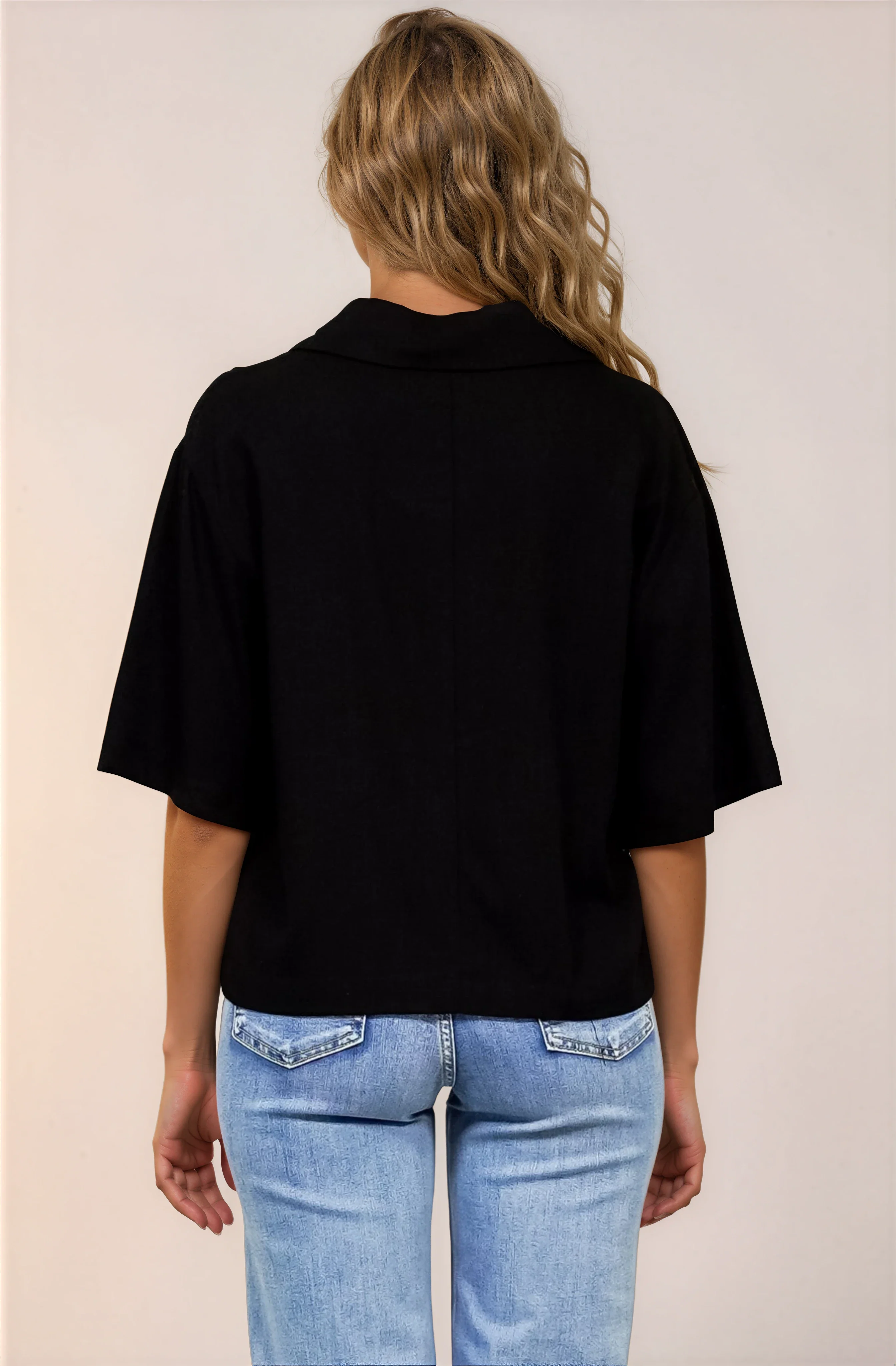 Solana Top - Collared Buttoned Neckline Boxy Tee in Black - Image 6