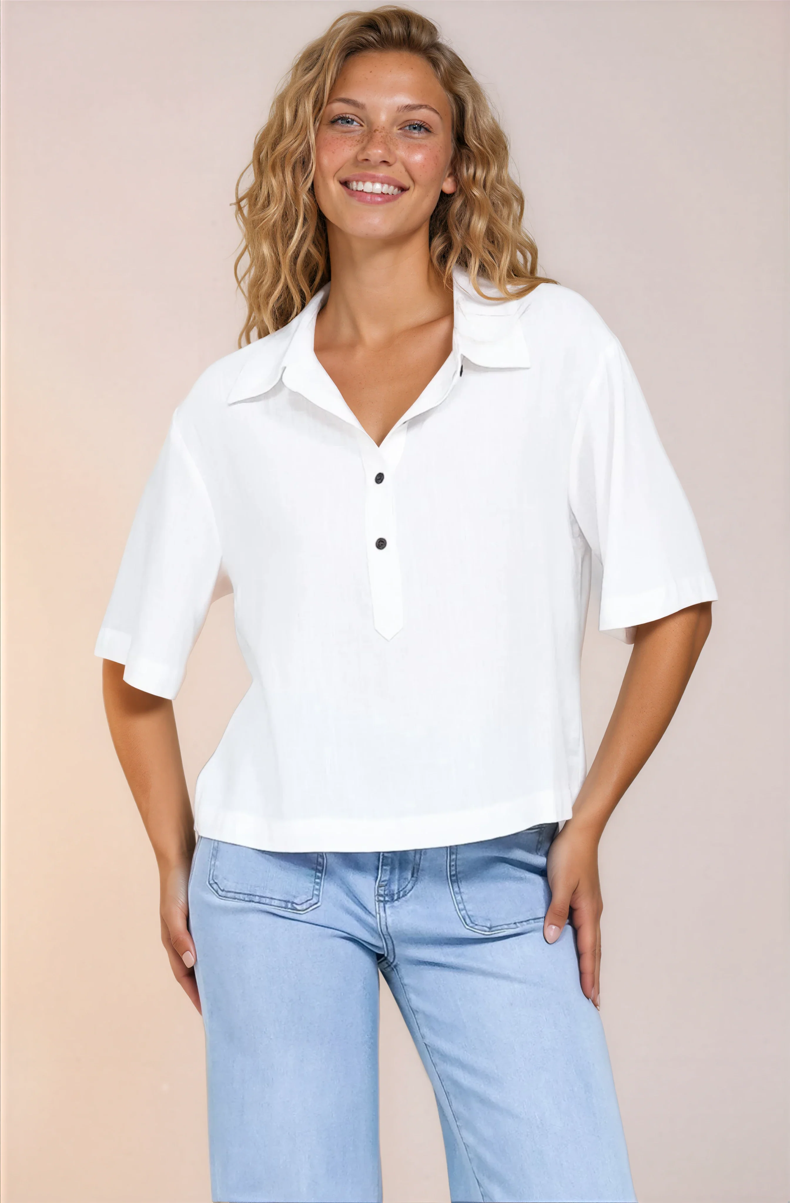 Solana Top - Collared Buttoned Neckline Boxy Tee in White - Image 2